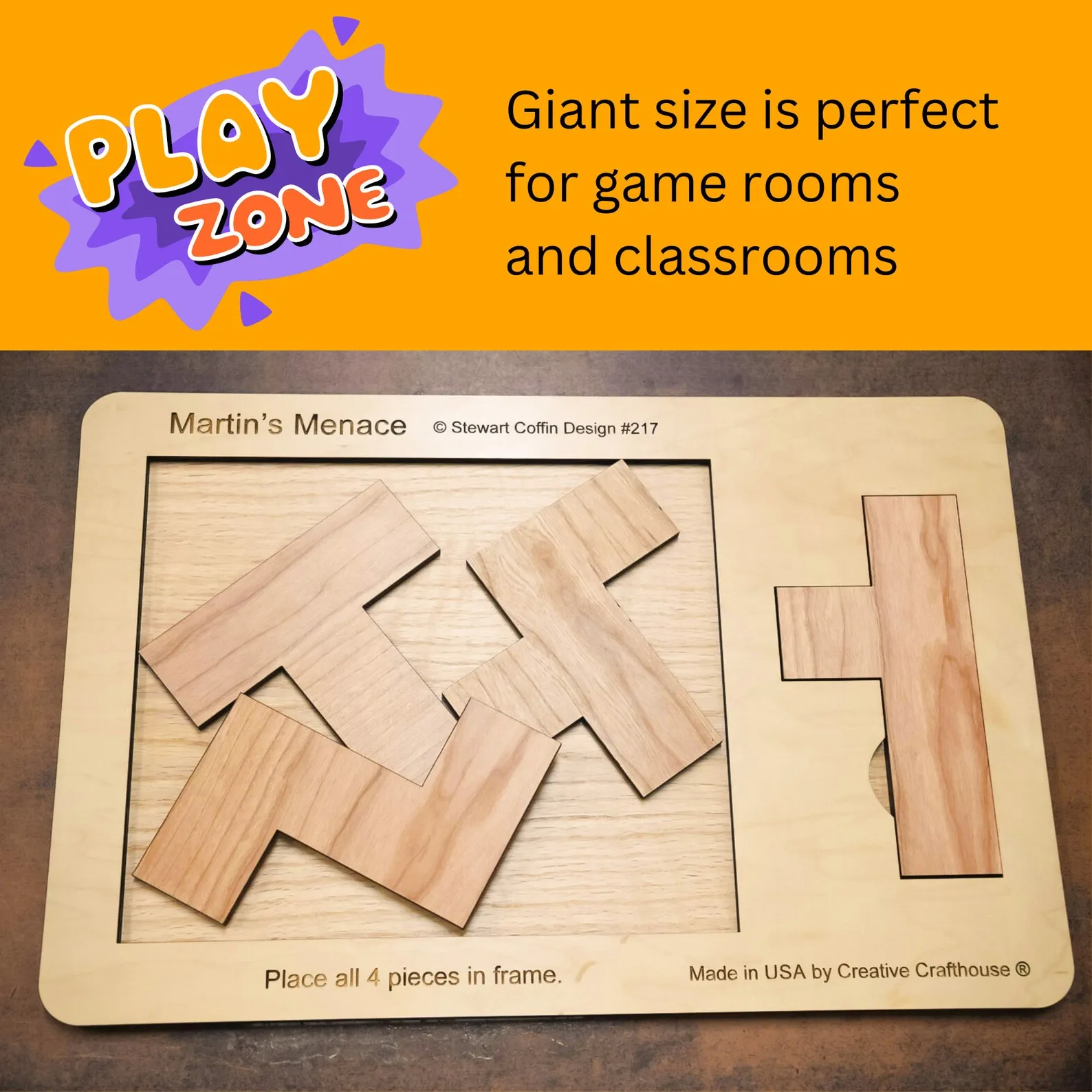 18" x 12" Giant Sized Wood Puzzle for Game Rooms | 4 Piece Wooden Brain Teaser | Perfect Man Cave Decor & Accessory | Jumbo Martin's Menace - Image 3