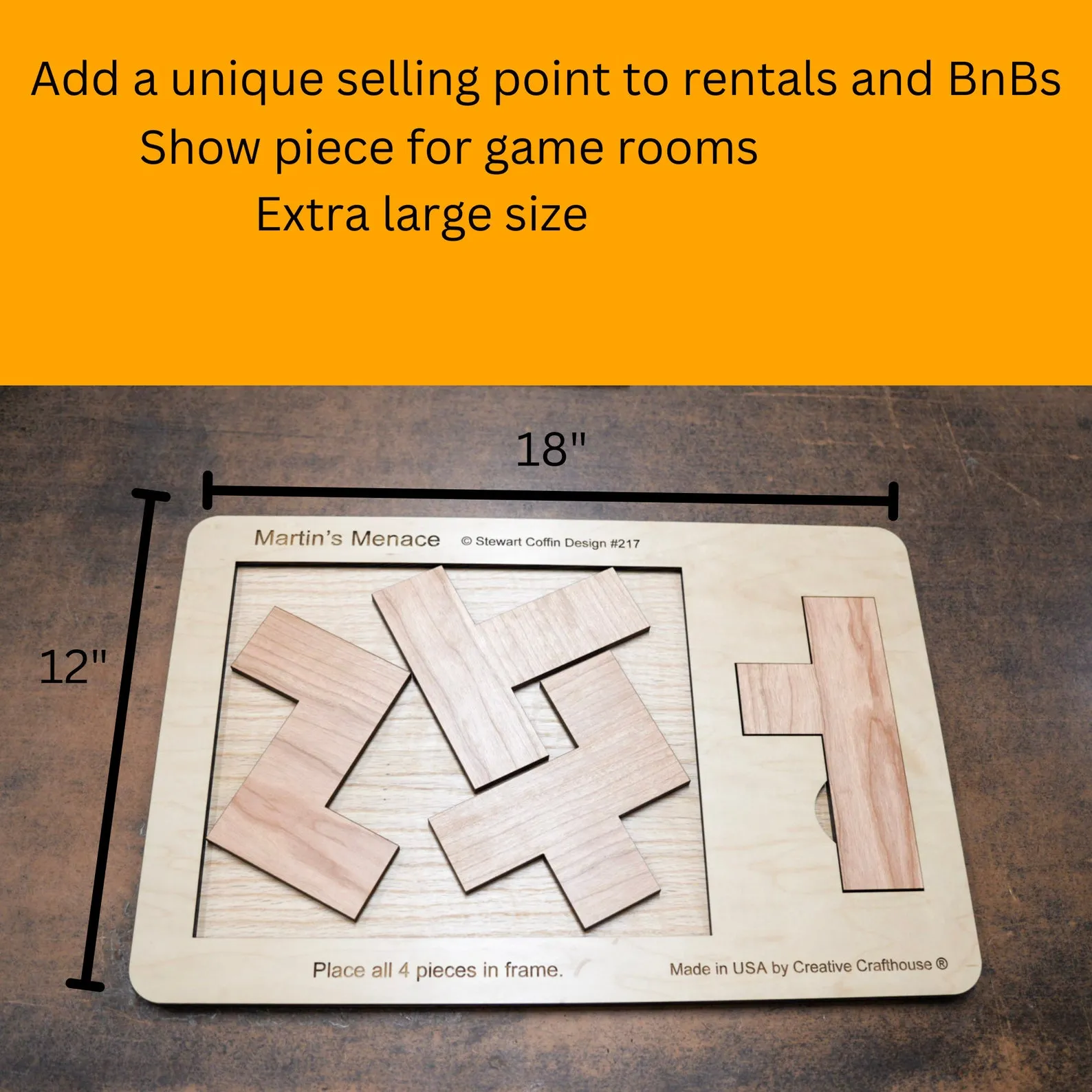 18" x 12" Giant Sized Wood Puzzle for Game Rooms | 4 Piece Wooden Brain Teaser | Perfect Man Cave Decor & Accessory | Jumbo Martin's Menace - Image 4