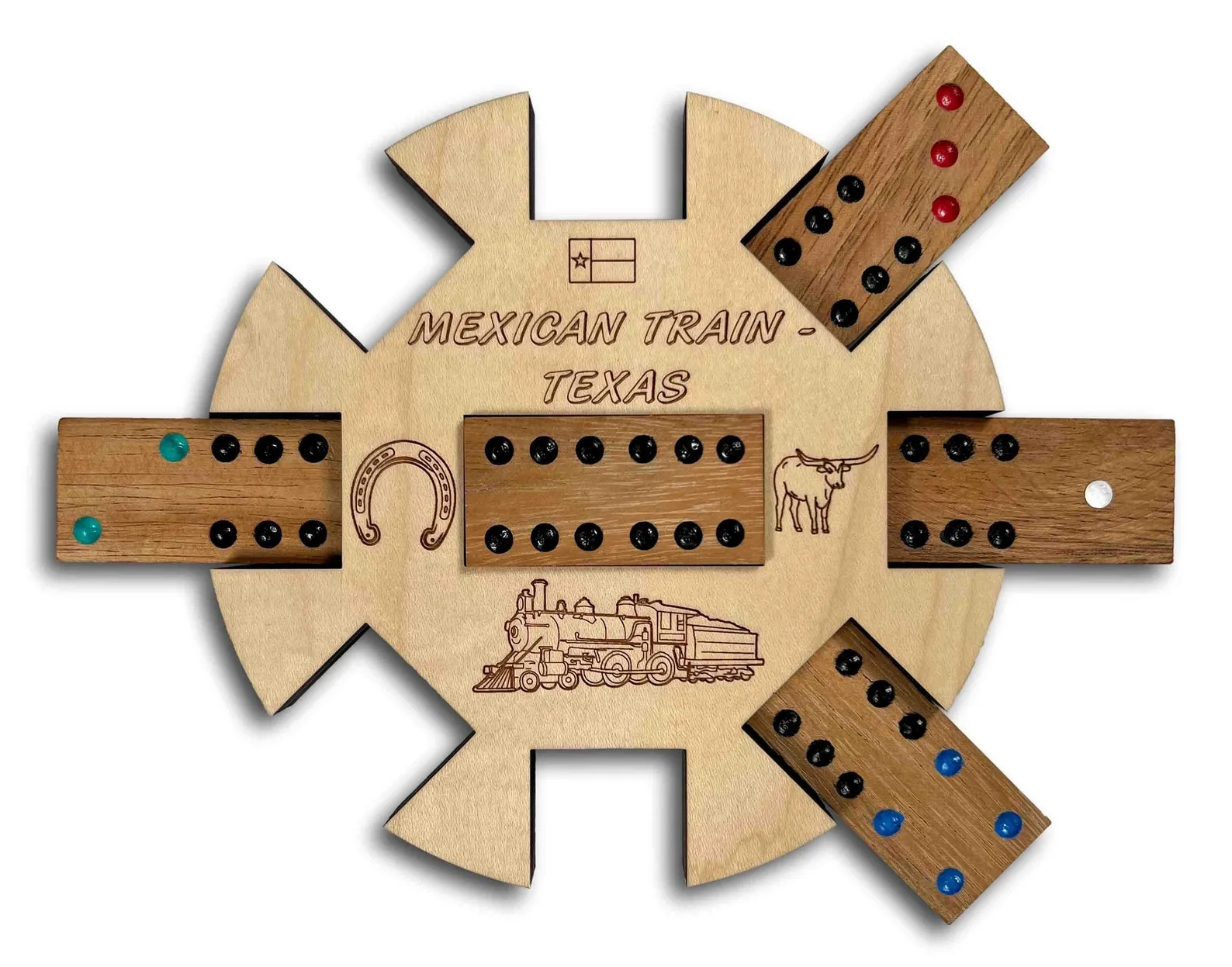 Mexican train hub set - Double 12 set of dominoes - Multiplayer strategy domino game - Classic wooden board game - Brain teaser game set
