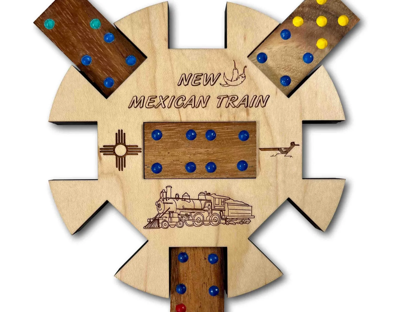Mexican Train New Mexico Edition Hub and Tokens Wooden Domino Game - Family Game