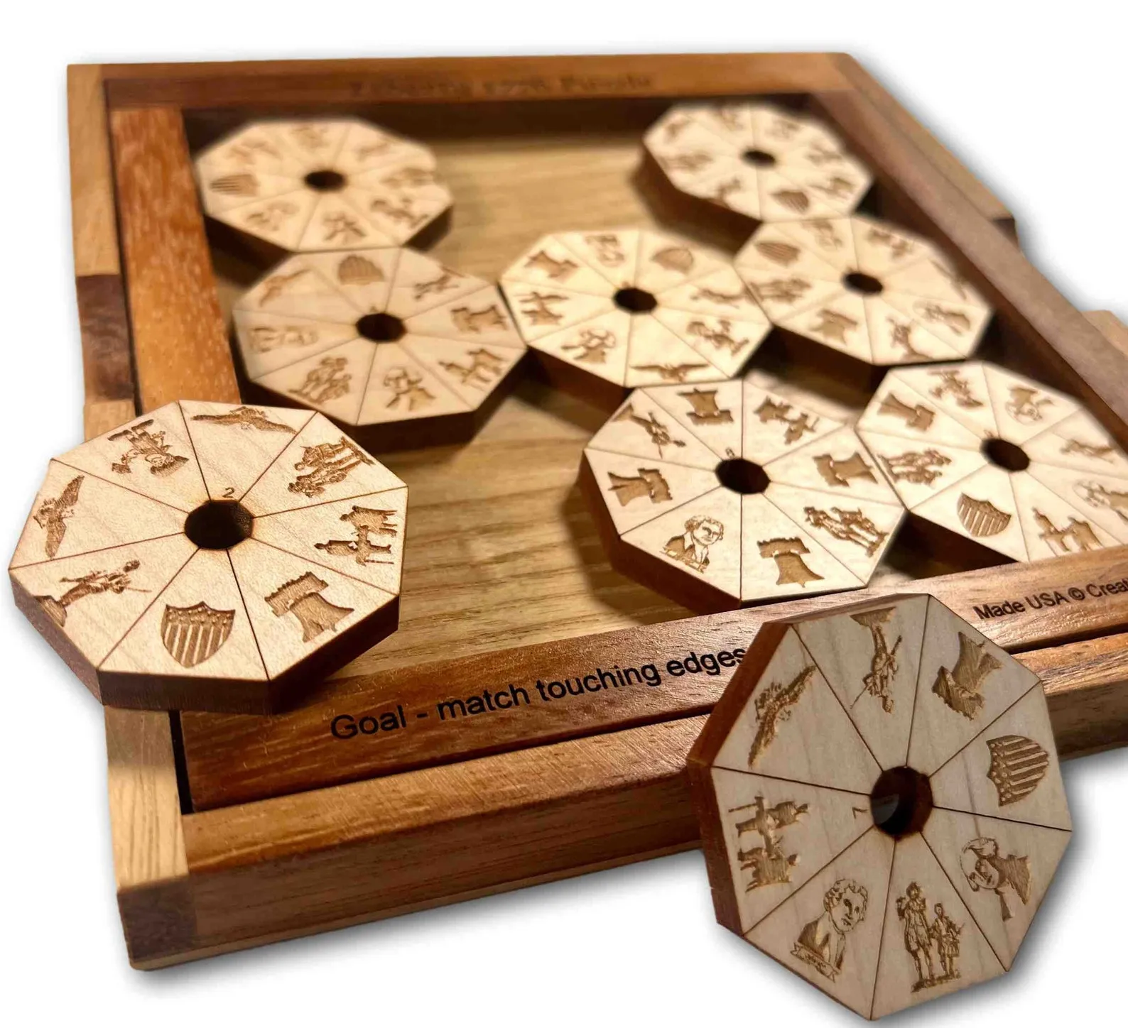 Liberty Puzzle Wooden, Edge Matching Puzzle, Brain Teaser Puzzle, Matching Symbol Puzzle, Laser Engraved Puzzle, Family Game Night Activity