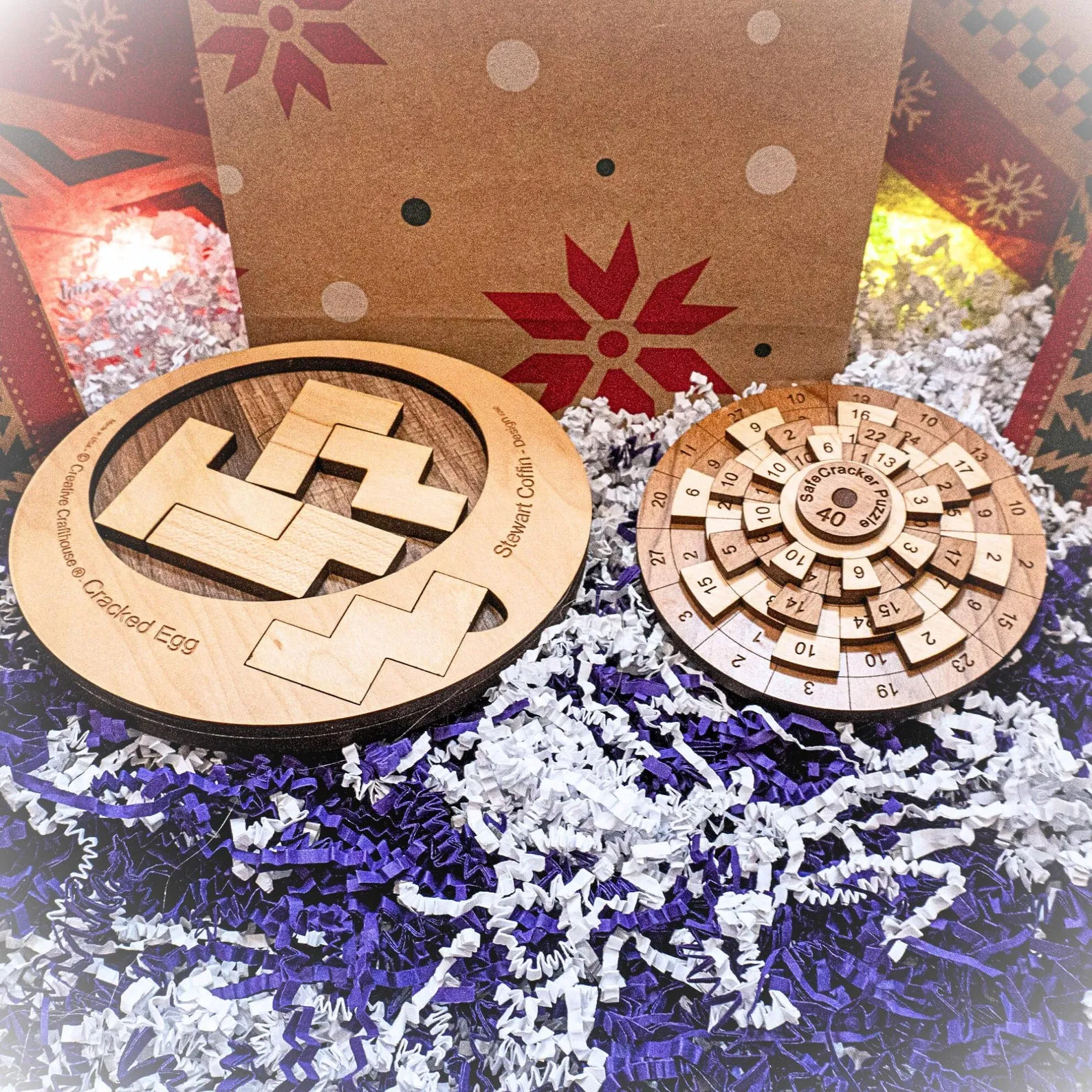 Wooden Puzzle Gift Set | 2 Brain Teaser Puzzles | Math Puzzle Game | Adult Math Toy | Cracked Egg Puzzle | Safecracker 40 | Adult Puzzles