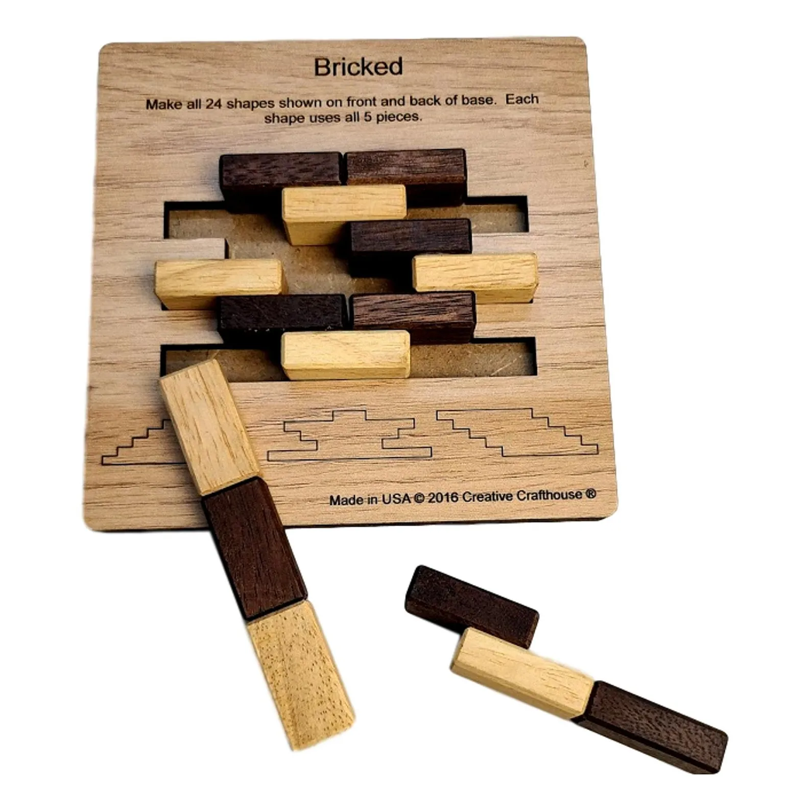 Handcrafted Wooden Bricked Puzzle ? Challenging 5-Piece Brain Teaser with 24 Unique Solutions | Perfect Gift for Puzzle Enthusiasts