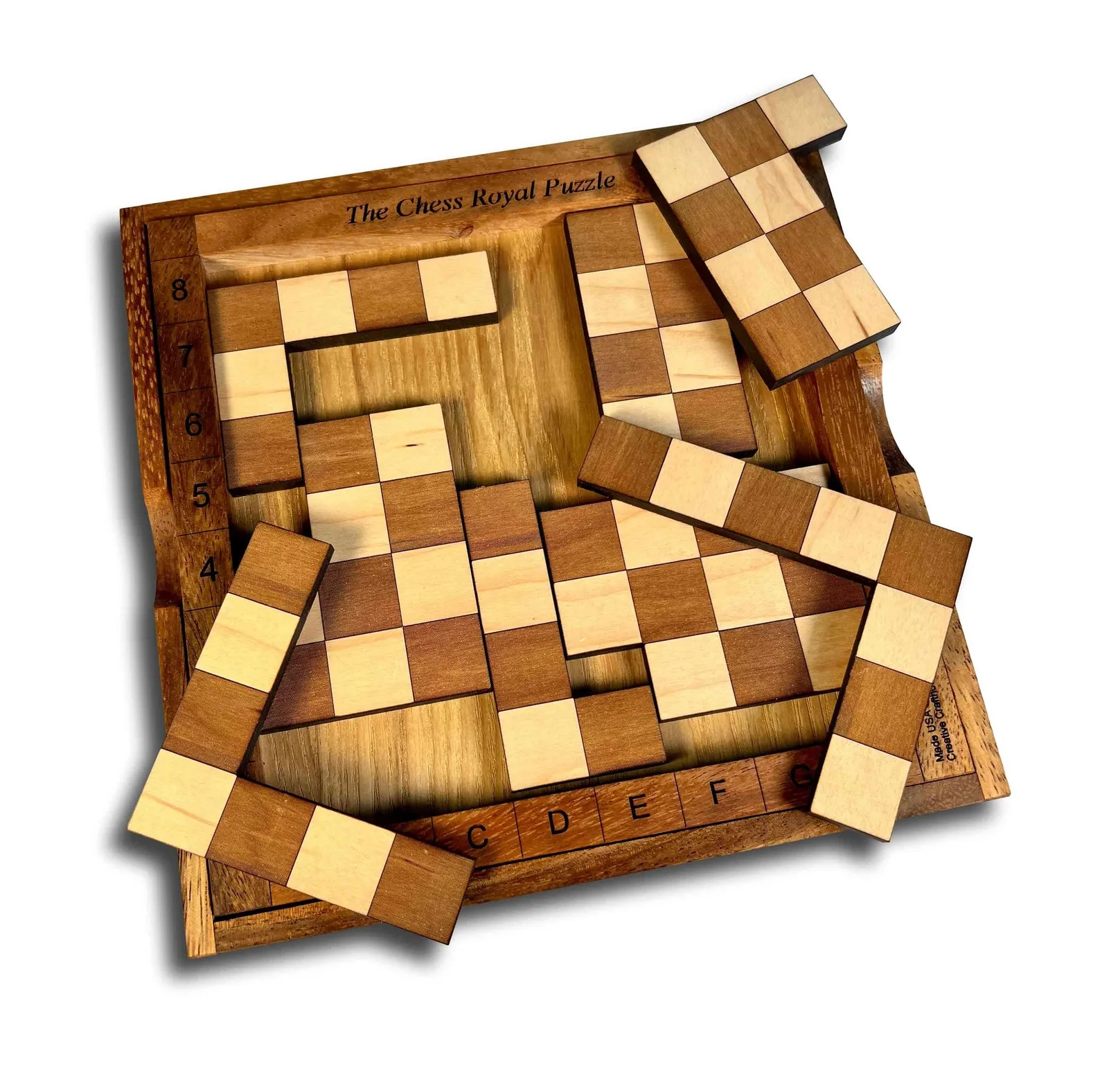 Broken Chessboard Puzzle - 8 Pieces Wooden Brain Teaser Game - Rebuild The 8x8 Checkered Board ? Unique Gift For Chess Lovers & Puzzle Fans