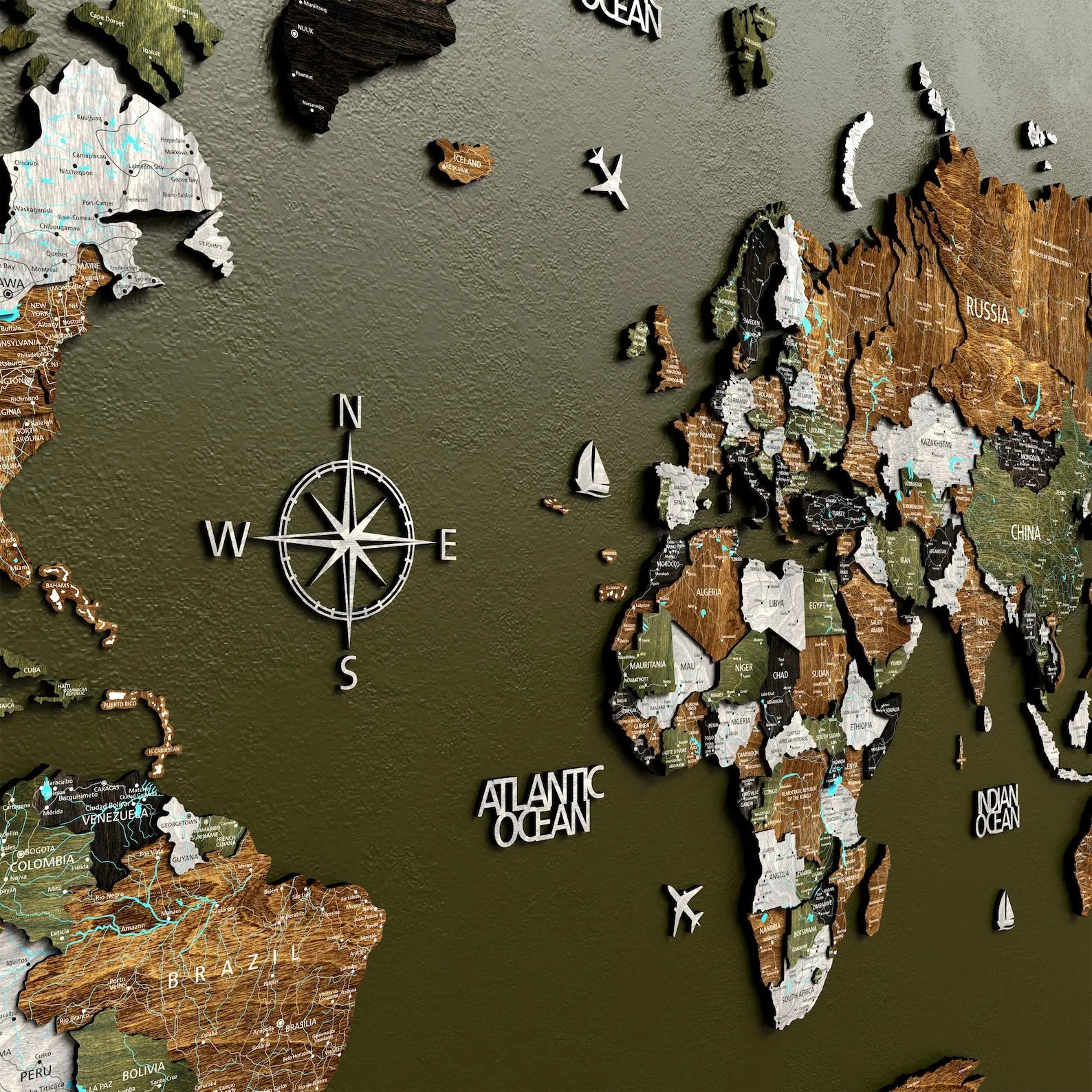 Wood World Map Large Wall Art 5th Anniversary Gift, Wooden World Travel Push Pin Map, 3D World Map Above bed Decor, Weltkarte Holz - Image 3