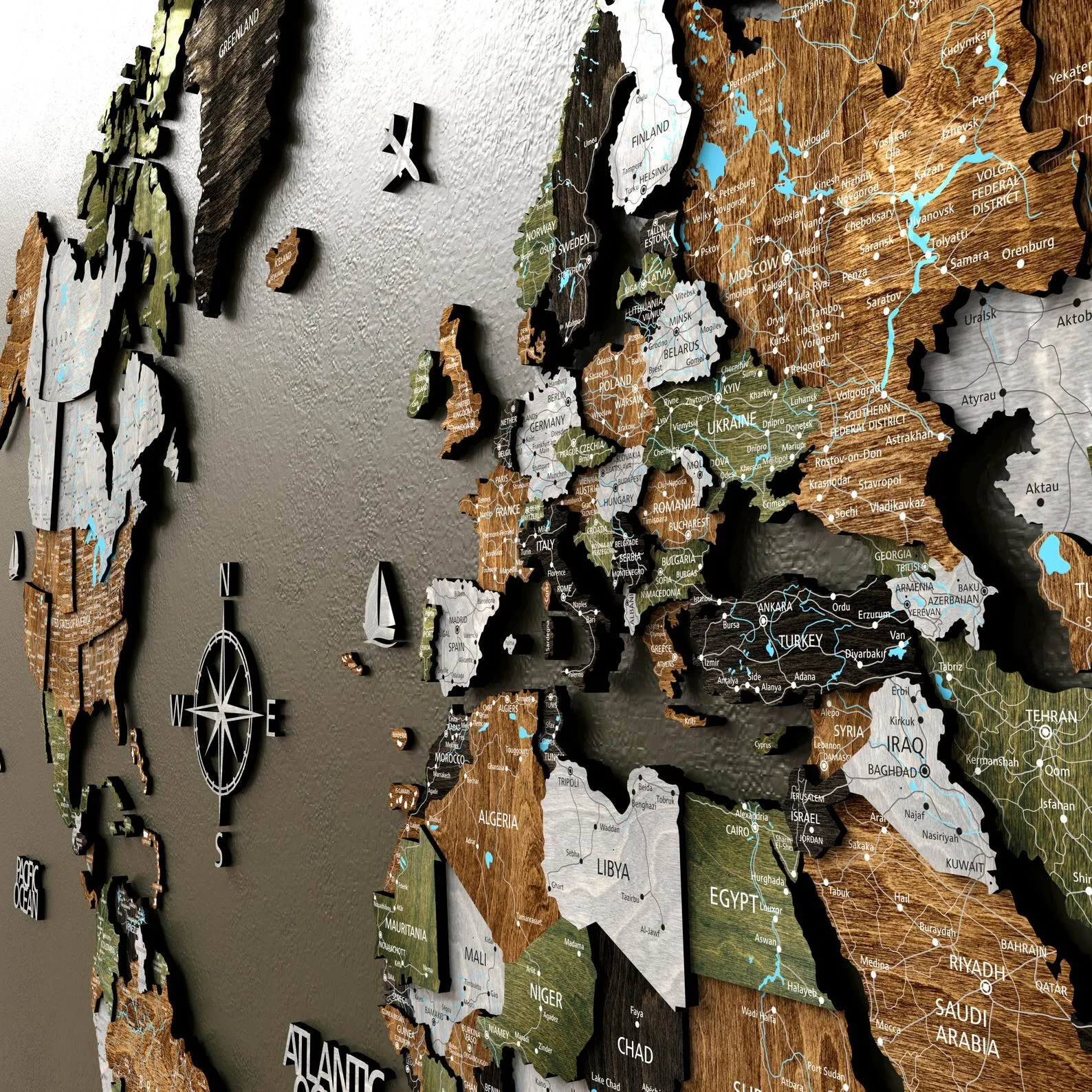 Wood World Map Large Wall Art 5th Anniversary Gift, Wooden World Travel Push Pin Map, 3D World Map Above bed Decor, Weltkarte Holz - Image 5