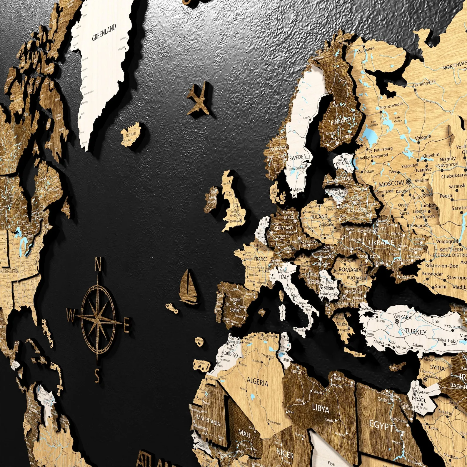 Multi-Layered Wood World Map Wall Art ? Detailed Print Map with hidden base