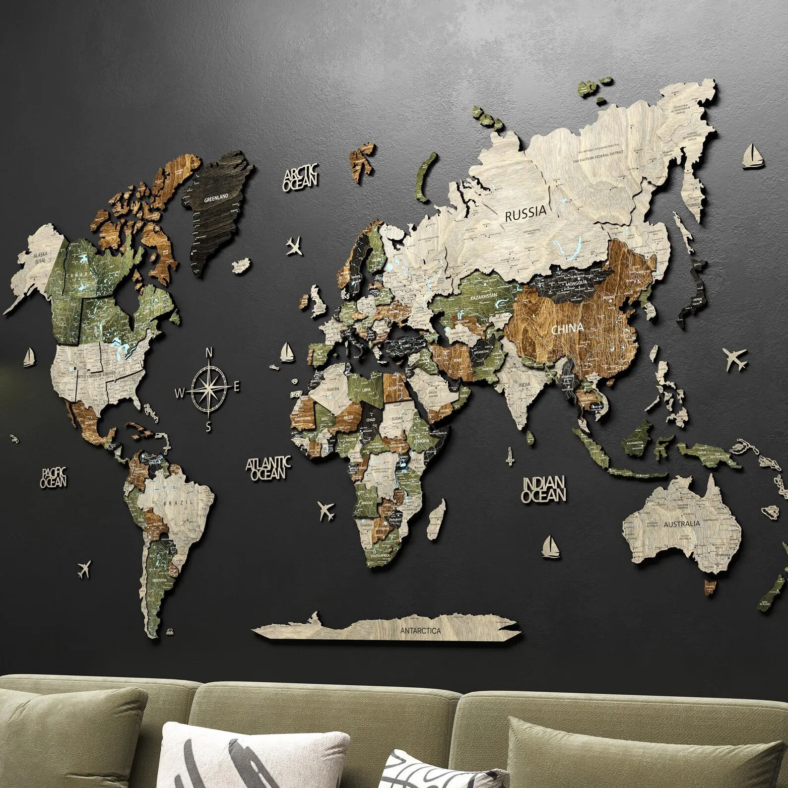 3D Wooden World Map Wall Decor: Rustic Travelers Push Pin Map