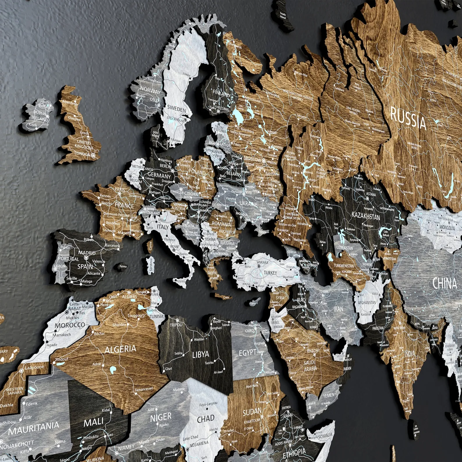 3D Wood World Map Wall Art: Dark Loft Style Apartment Decor