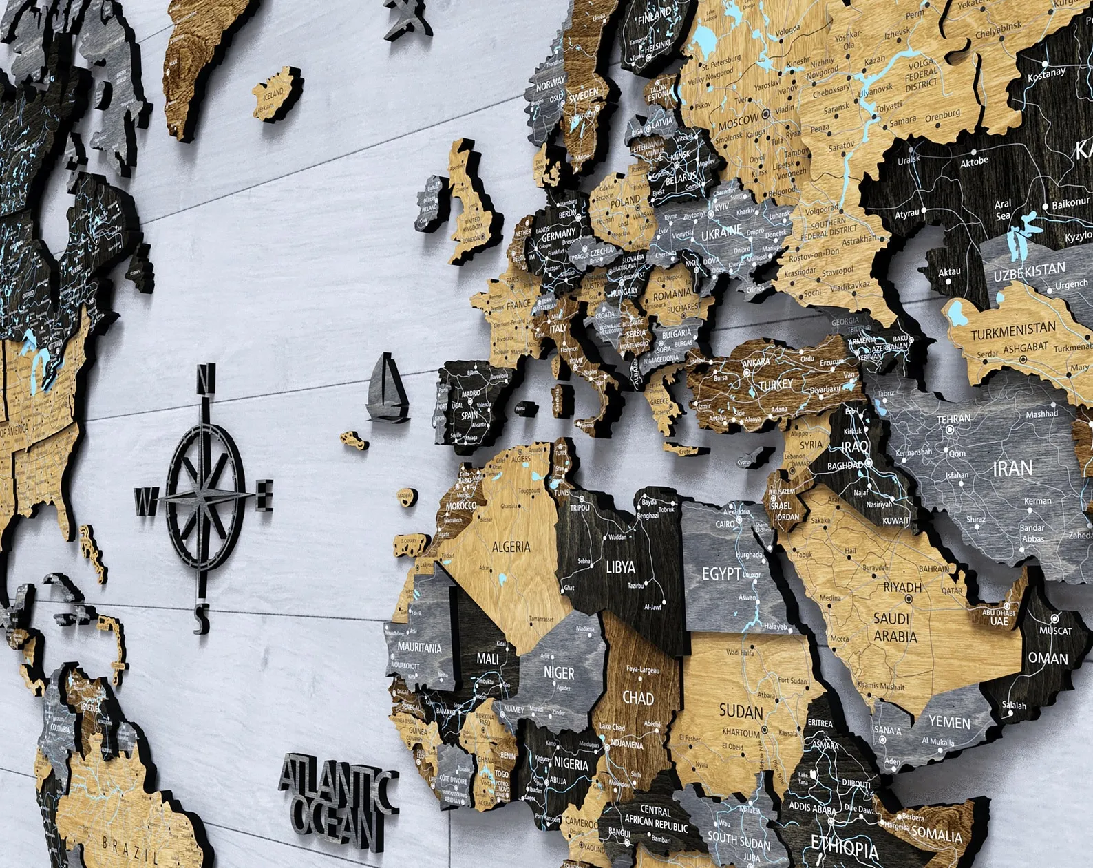 Wooden World Where we meet Map, 7th Anniversary Gift for Couples, World Map Wall Decor, Weltkarte Holz