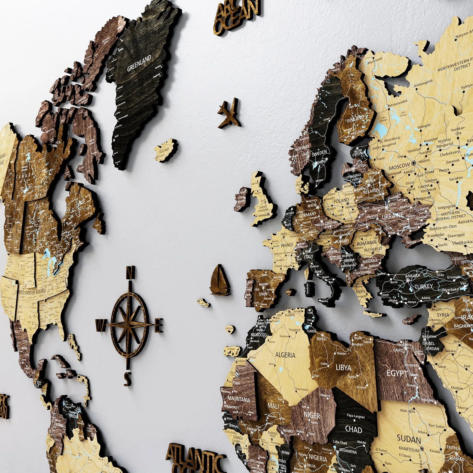 Wooden World Map Wall Art: Travel Itinerary Decor (Birch, 3D, Floating)