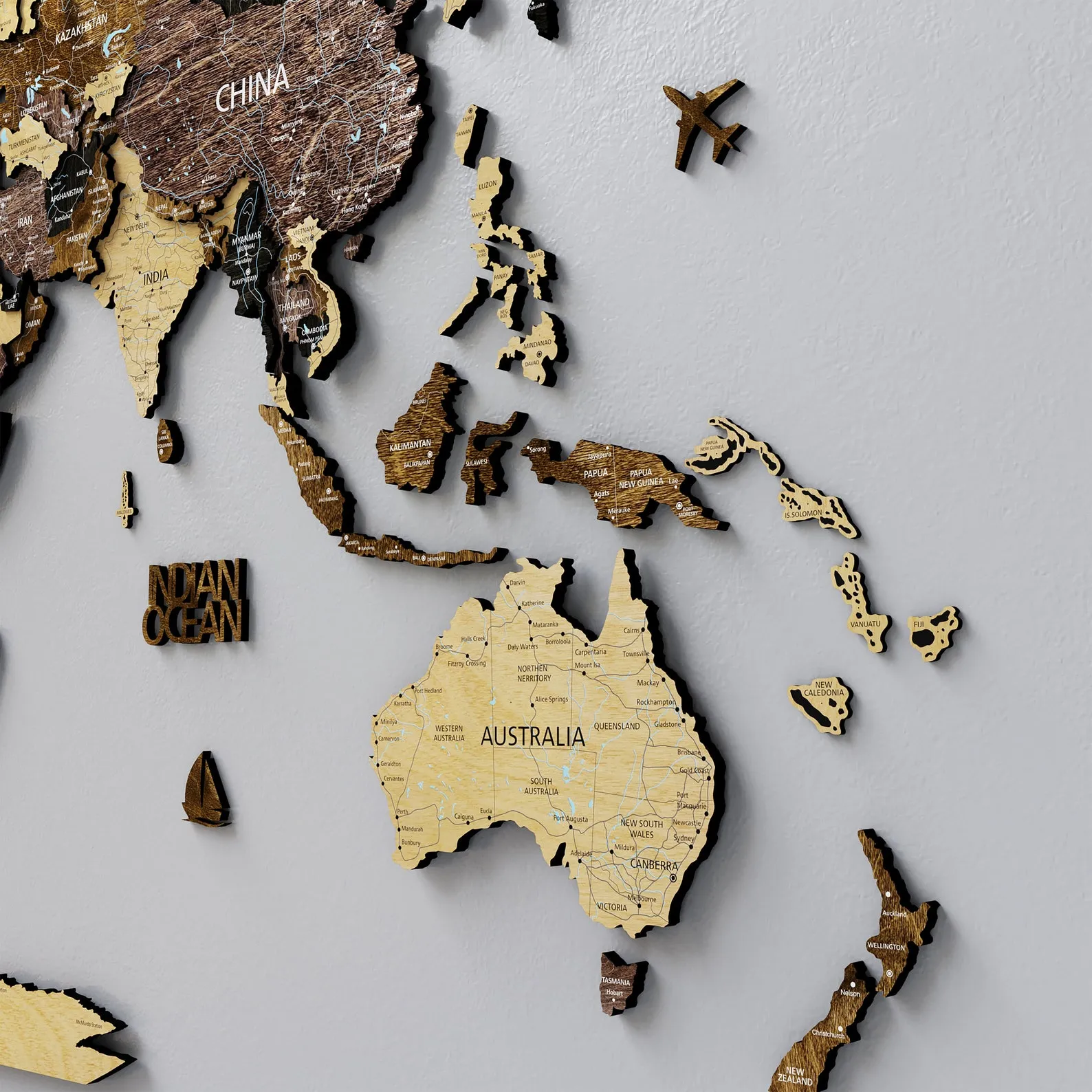 Wooden World Map Wall Art: Travel Itinerary Decor (Birch, 3D, Floating) - Image 2
