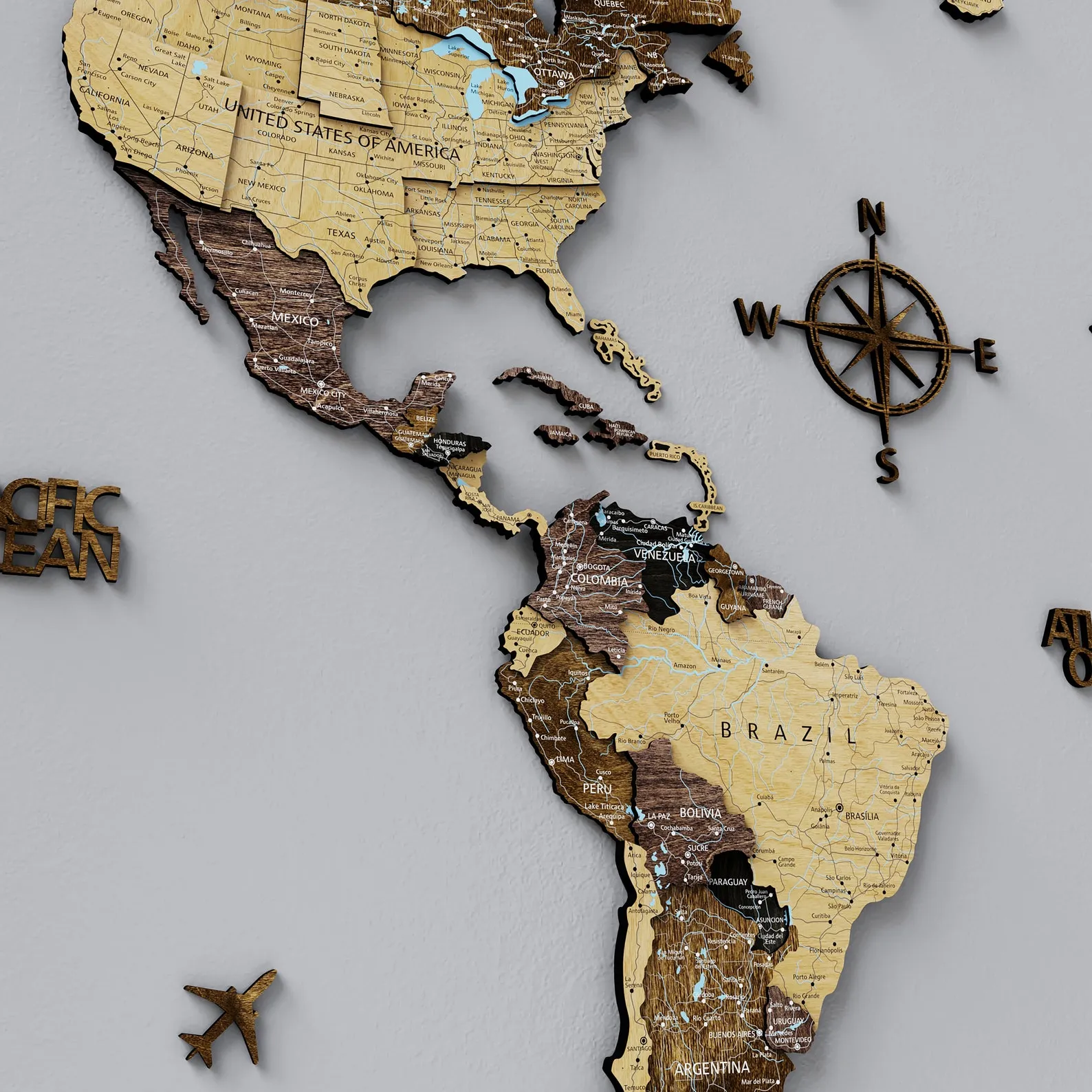 Wooden World Map Wall Art: Travel Itinerary Decor (Birch, 3D, Floating) - Image 3