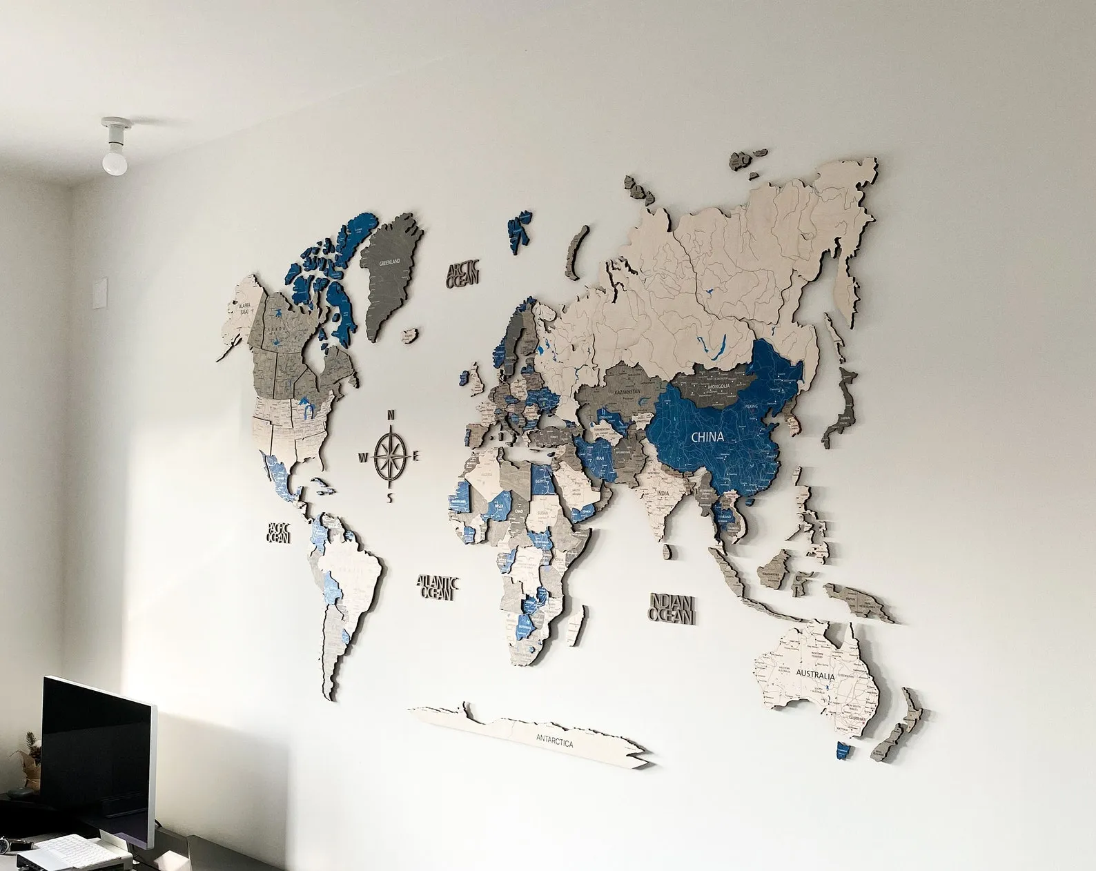 Wooden World Map Wall Art, 3D Push Pin Style (Large Size)