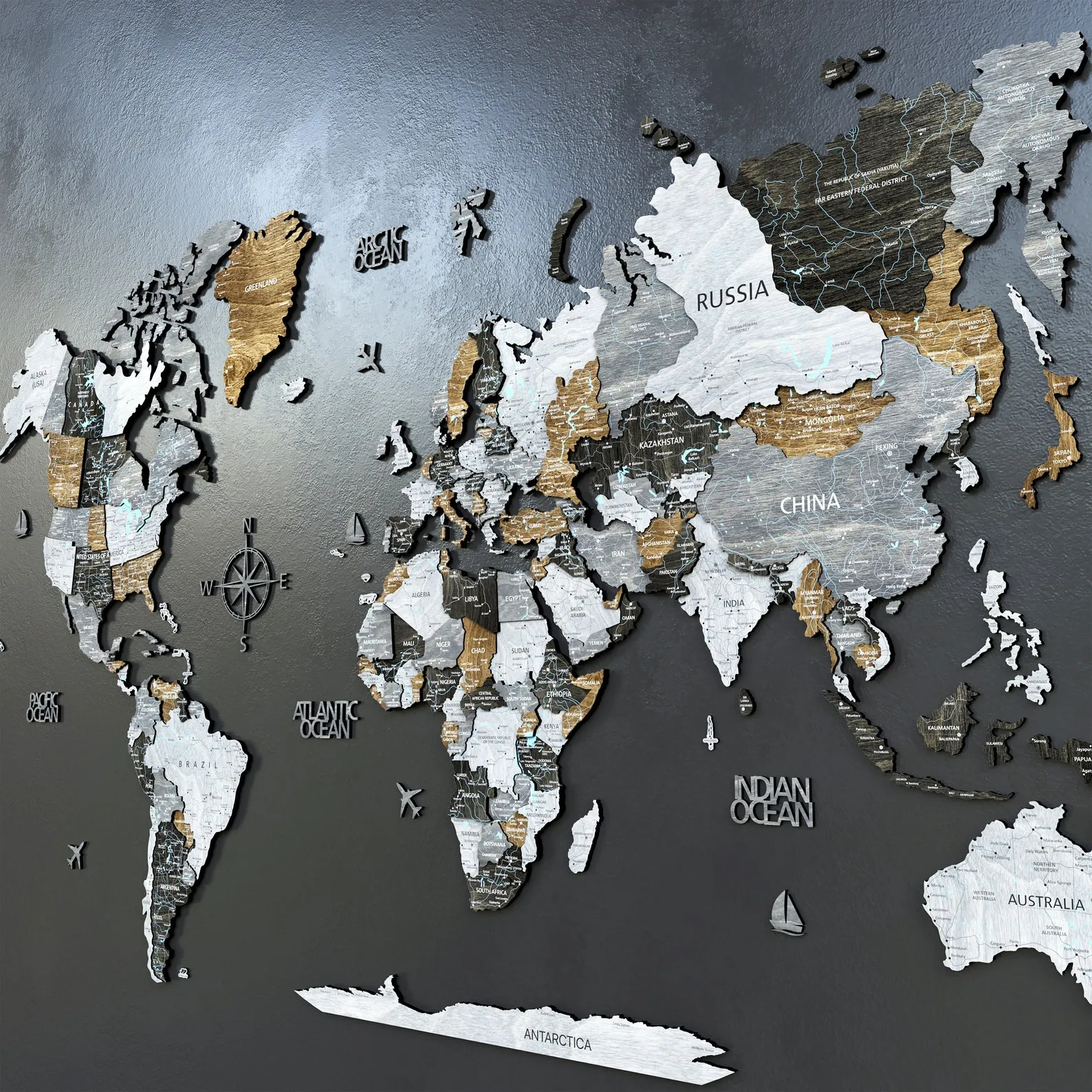 3D Wood World Map: Loft Style Wall Art with Floating Effect