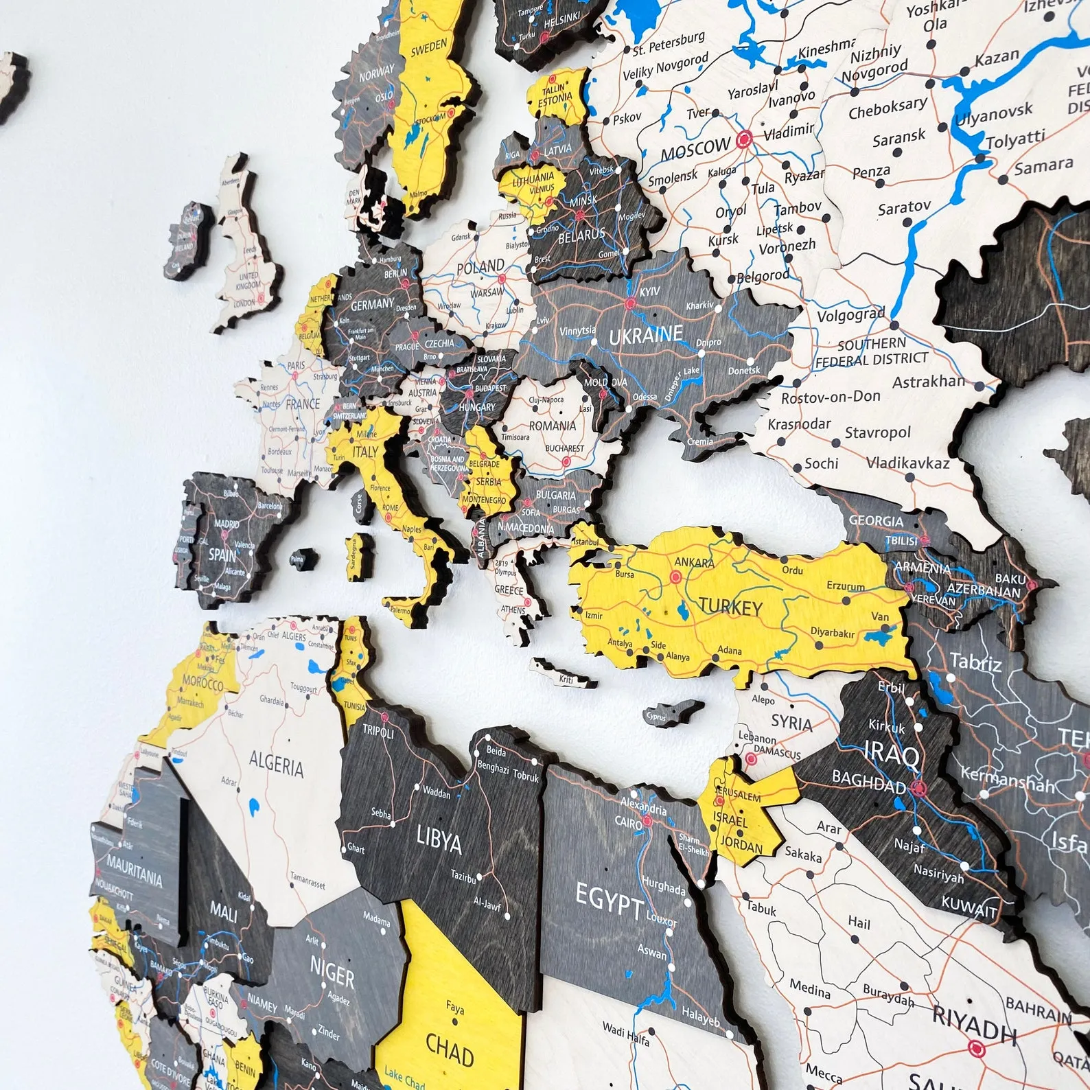 3D Wood World Map Wall Art: Large Wooden Inscription Print