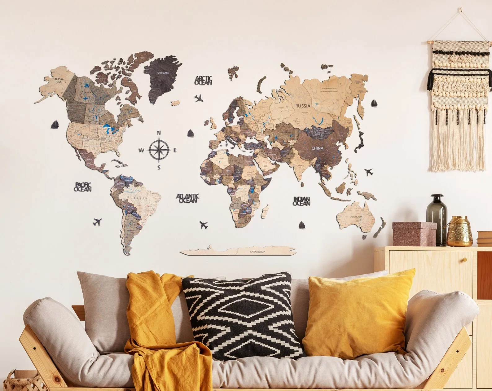 3d Wooden World Map, Couples Travel Gift, Above Bed Decor, Wall Decor, 7th Anniversary Gift, Weltkarte Holz