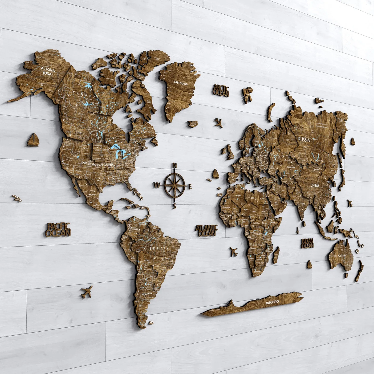 3D Wooden World Map Wall Art: Beige Home Decor