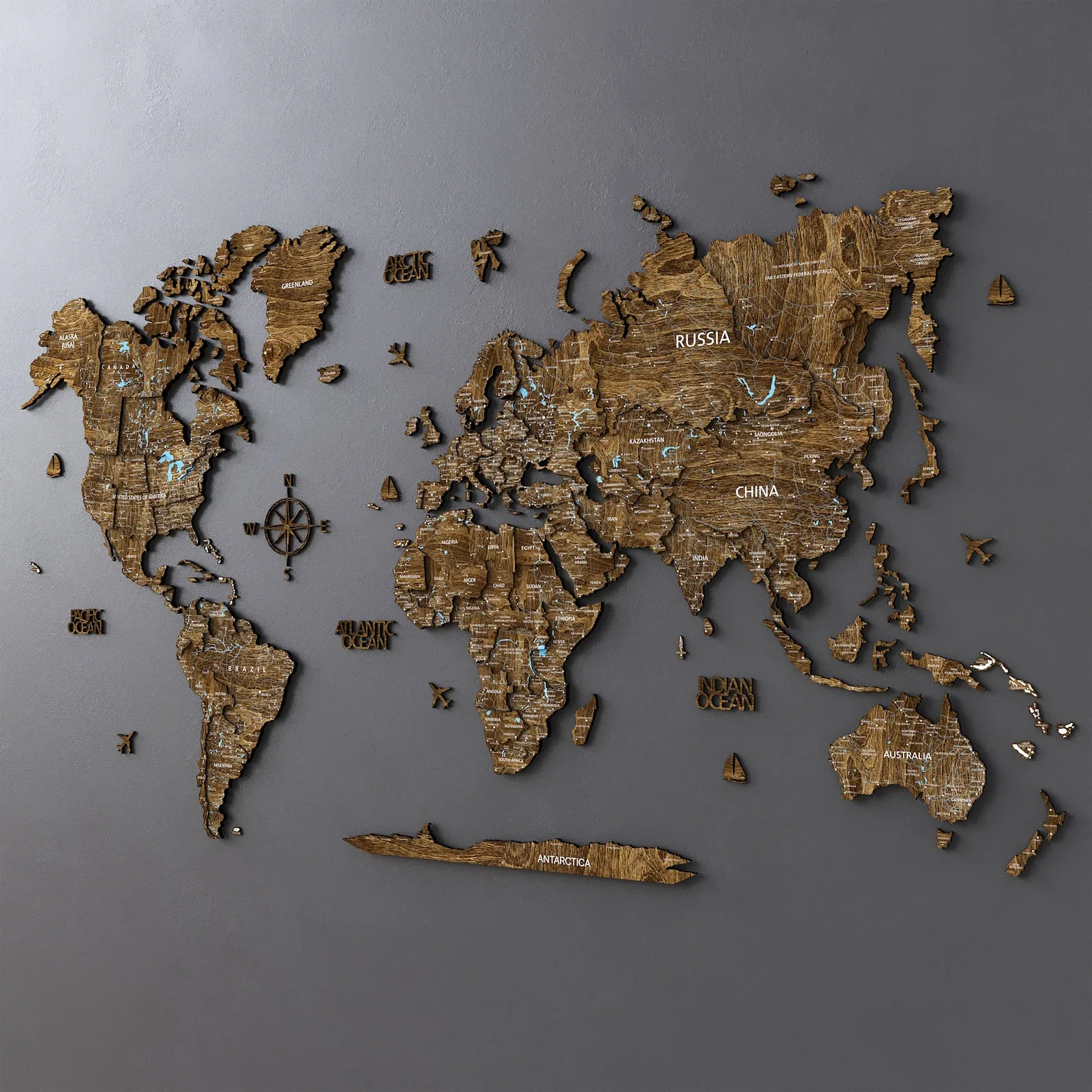 3D Wooden World Map Wall Art: Beige Home Decor - Image 5