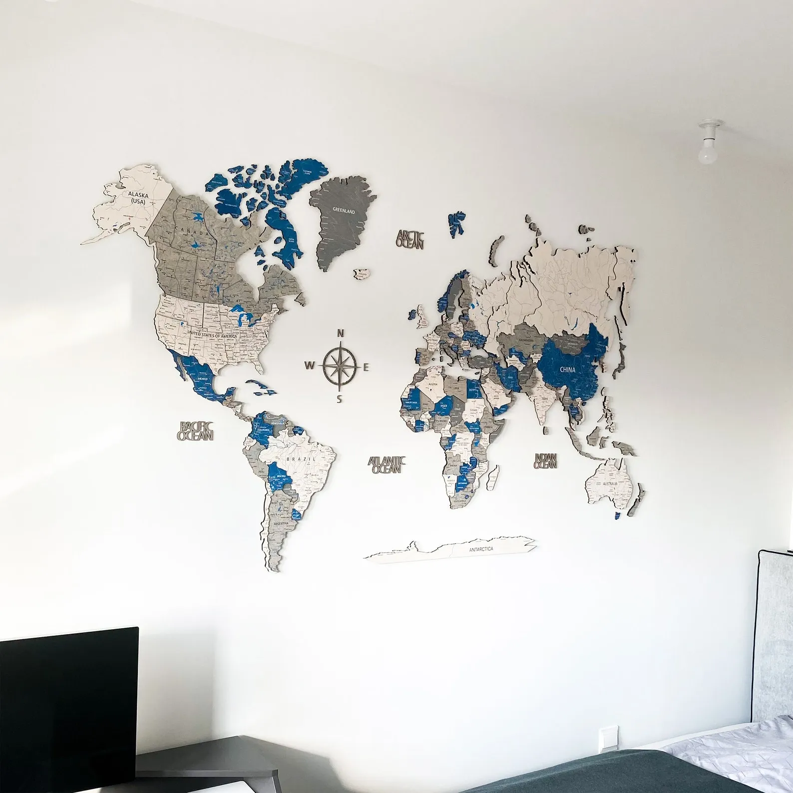 3D Wood World Map: Vintage Aqua Wall Art Decor