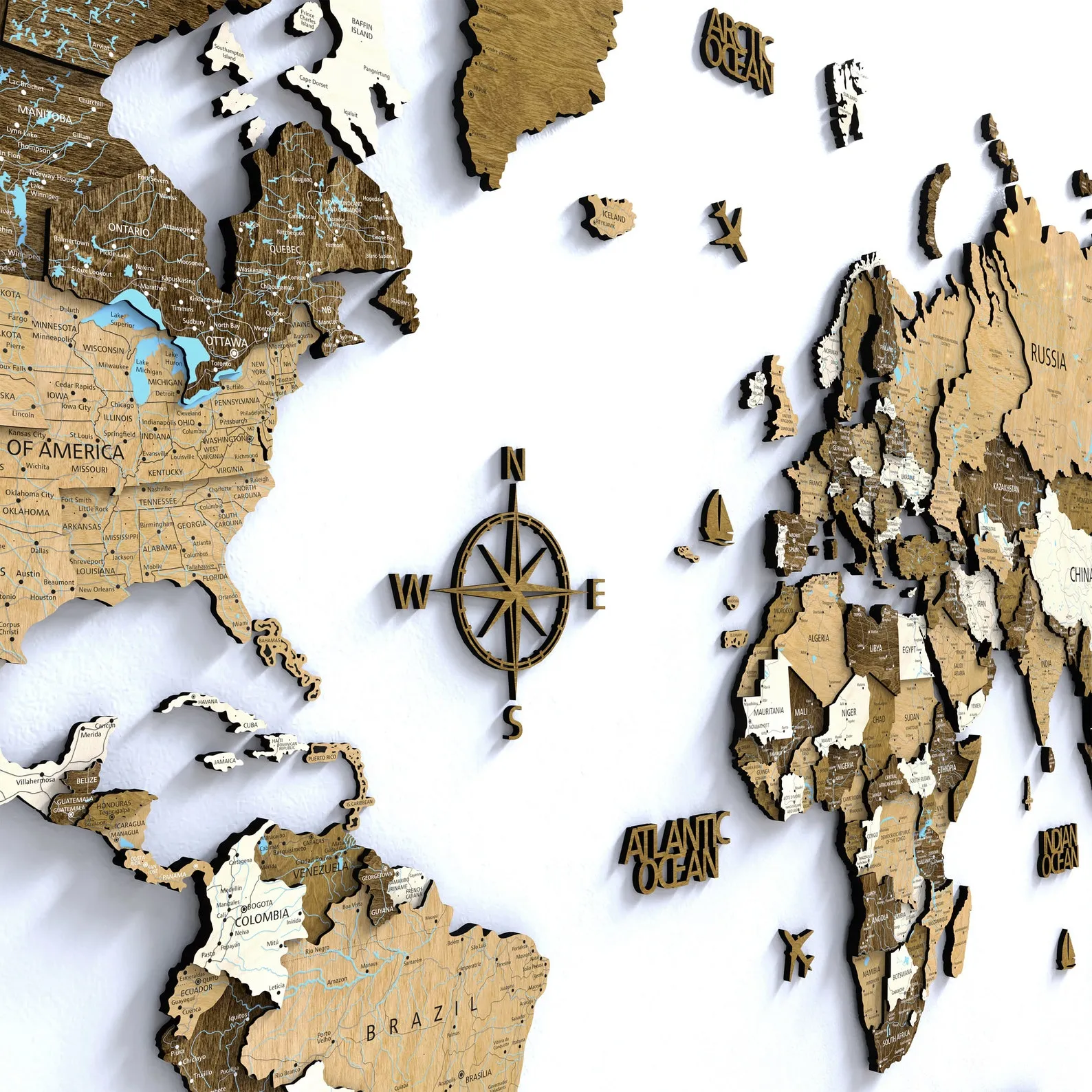 Large World Map Wall Art Decor 5th Anniversry Gift, 3D Wooden Push Pin Map of the World, 3D Office World Map, Weltkarte Holz