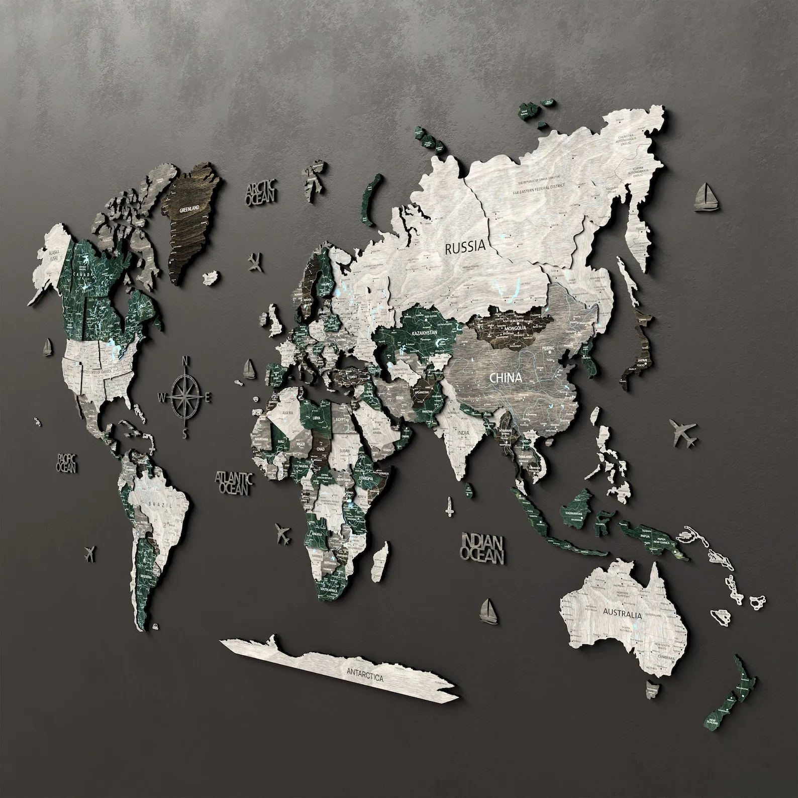 Evergreen Wooden World Map: 3D Wall Art Travel Guide