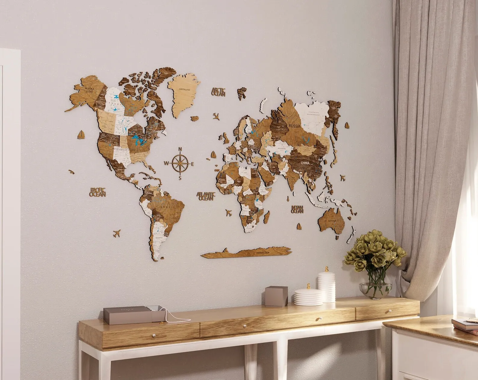 3D Wooden World Map Wall Art: Travel Decor - Image 2