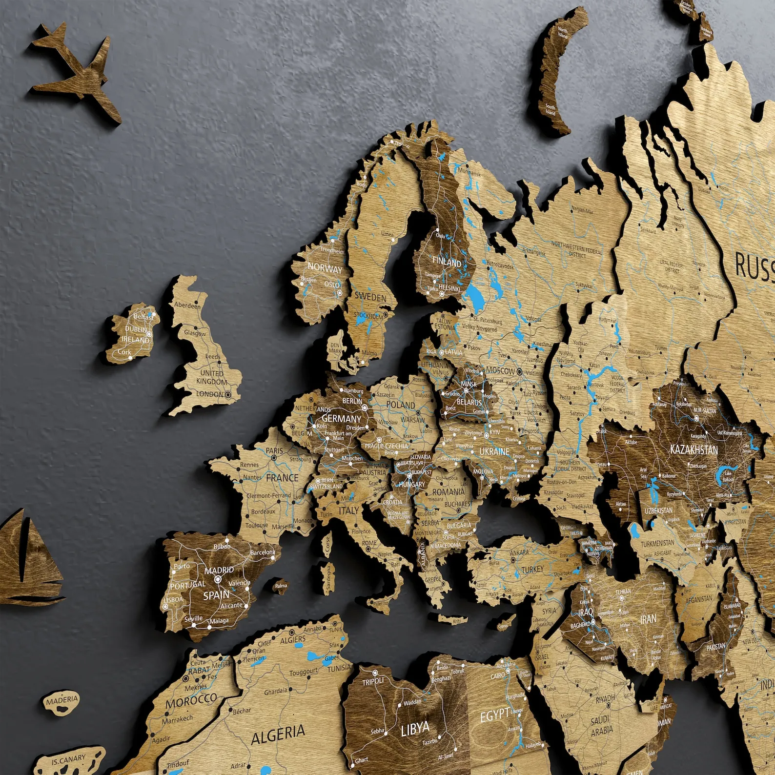 3D Wood World Map: Birch Plywood Wall Art