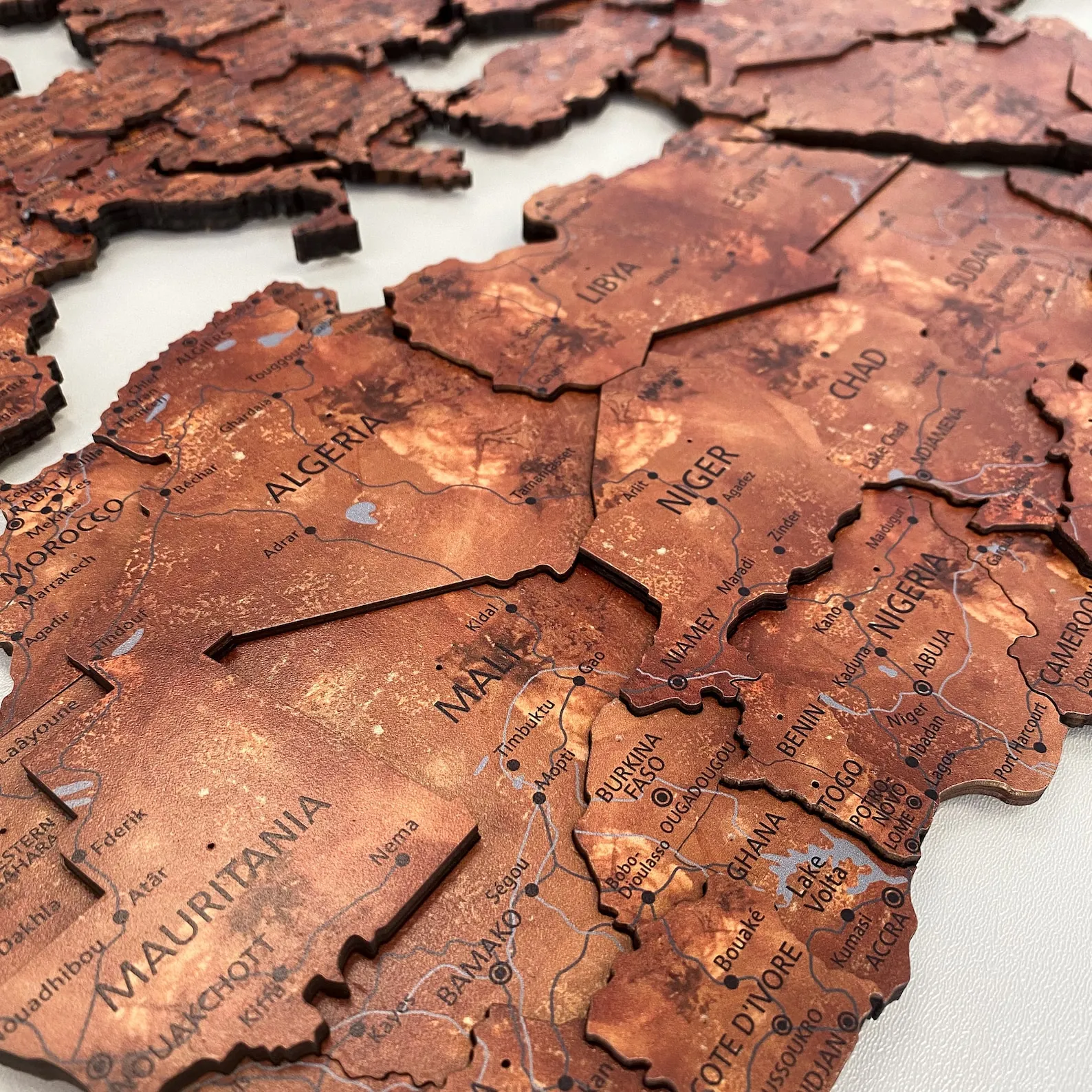 Copper World Map Wall Art: Wood Decor, Push Pin Travel Map