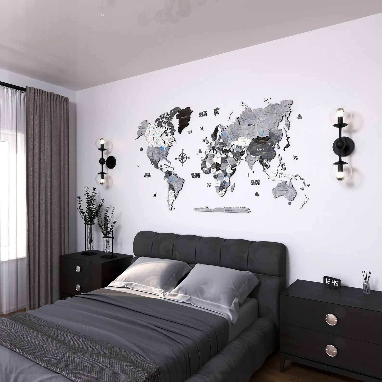 3D Wooden World Map Wall Decor: Gray Birch Wood Art