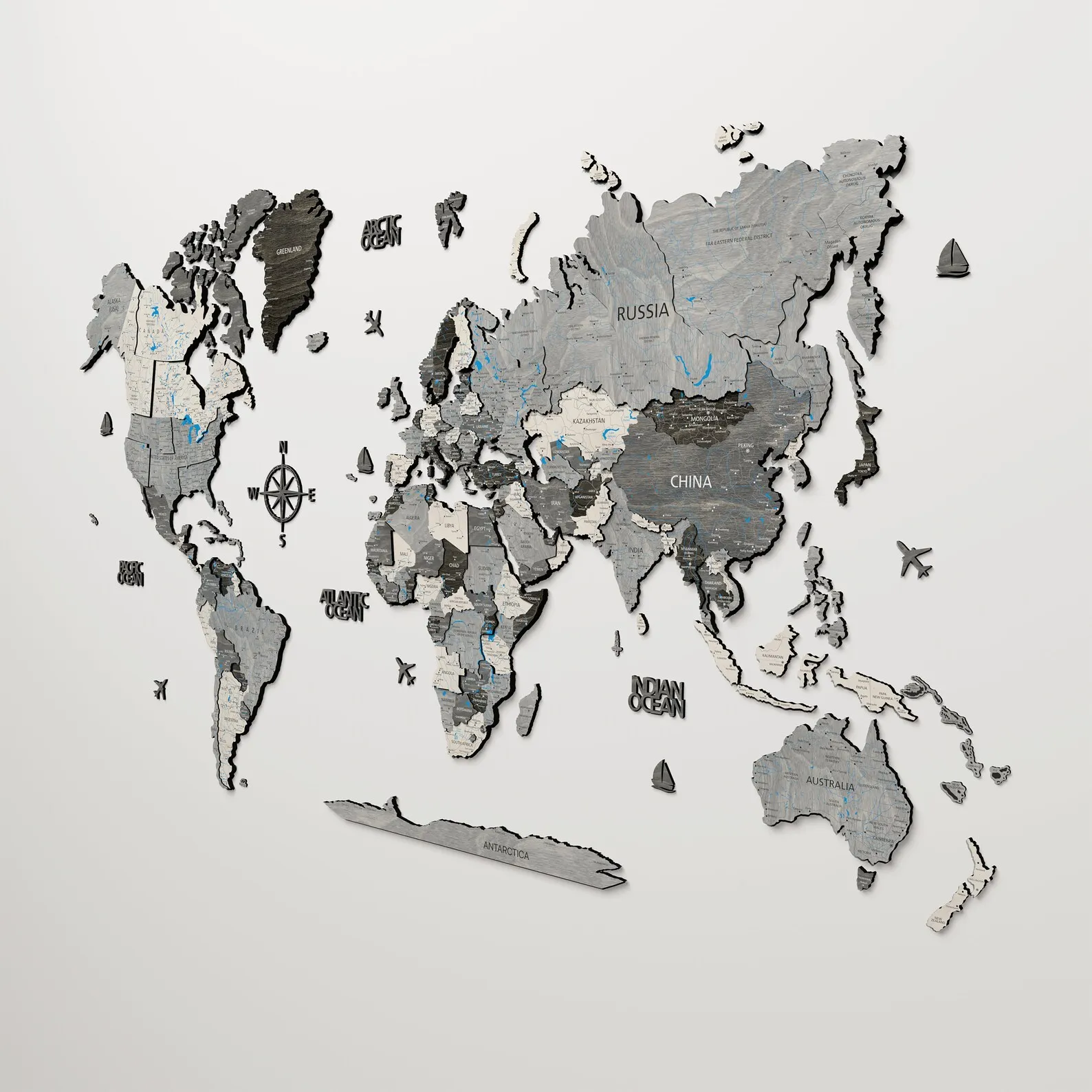 3D Wooden World Map Wall Decor: Gray Birch Wood Art - Image 2