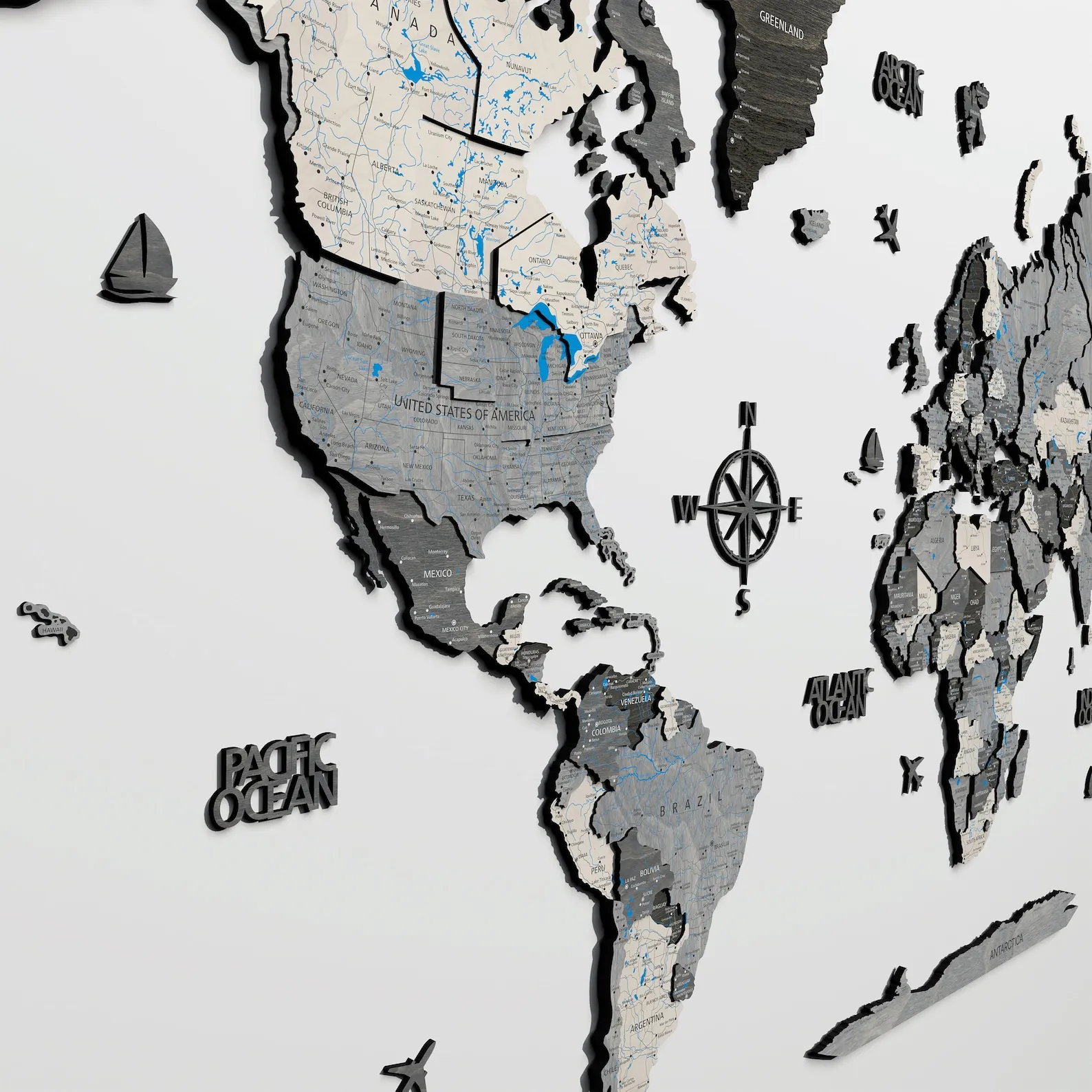 3D Wooden World Map Wall Decor: Gray Birch Wood Art - Image 3