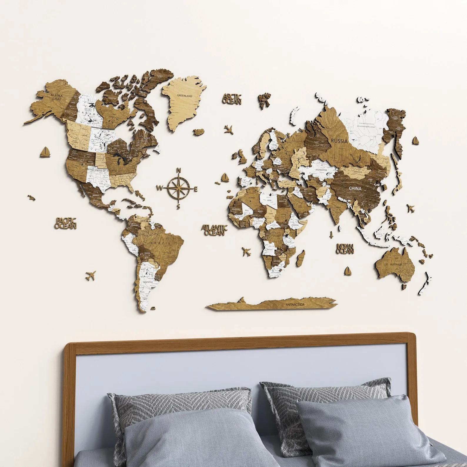 Globe Wood Print Large World Map Wall Art Apartment Decor, 5th Anniversary Couples Travel Gift, Push Pin Wooden World Travel Map - Image 6