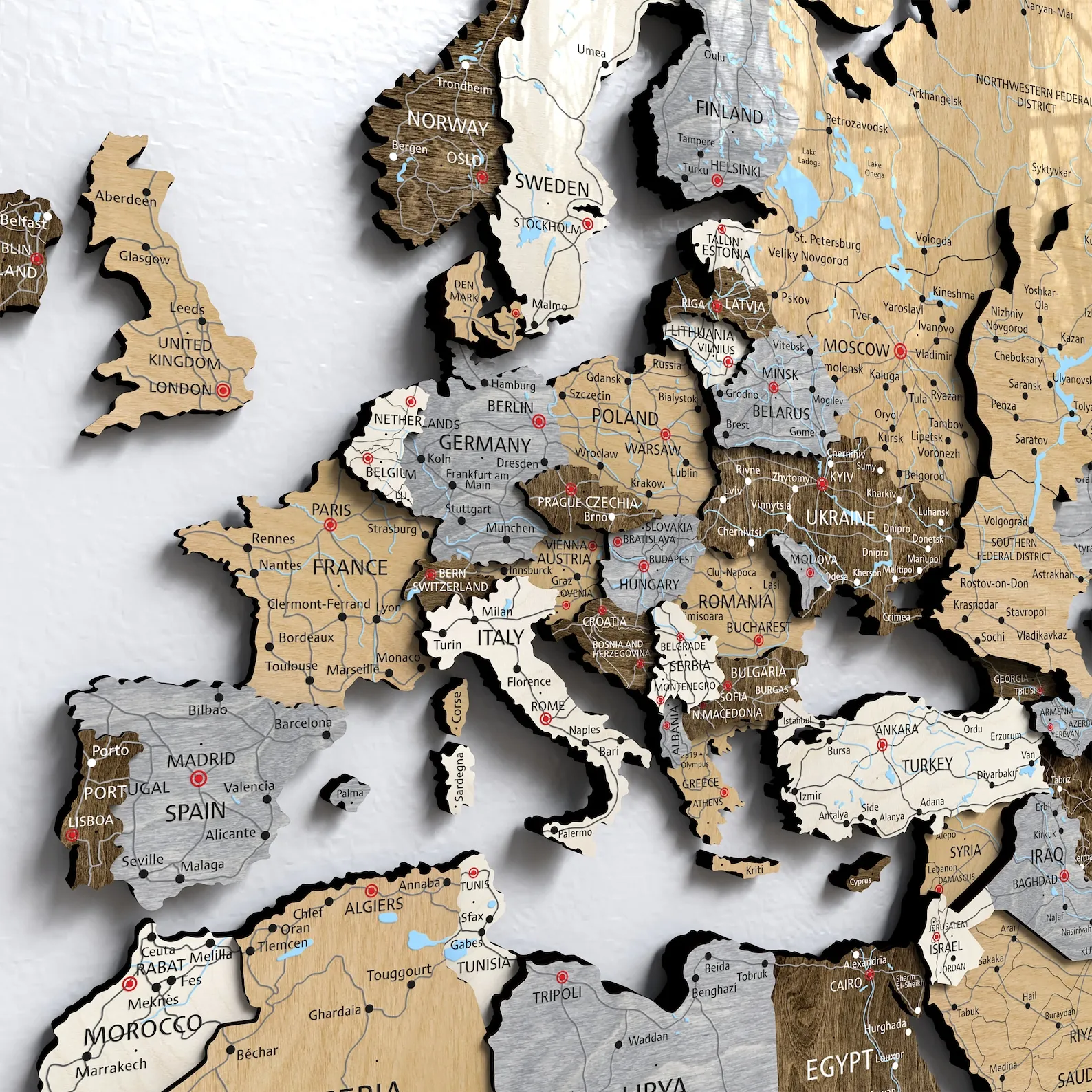 Wooden World Map Wall Art: Light Walnut Travel Decor, Push Pins