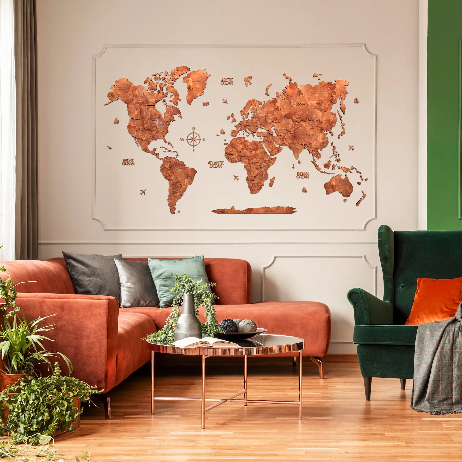 Copper Wood World Map Wall Art: Push Pin Travel Map