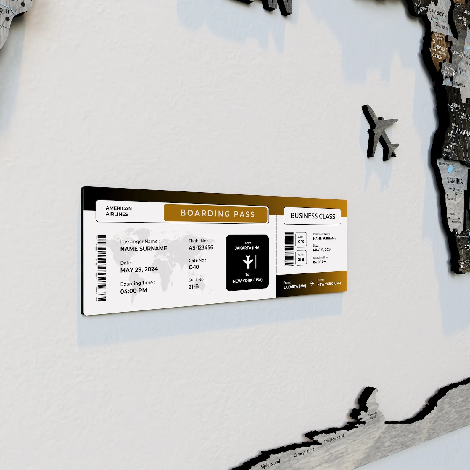 Custom Wooden Boarding Pass: Travel Keepsake for World Map