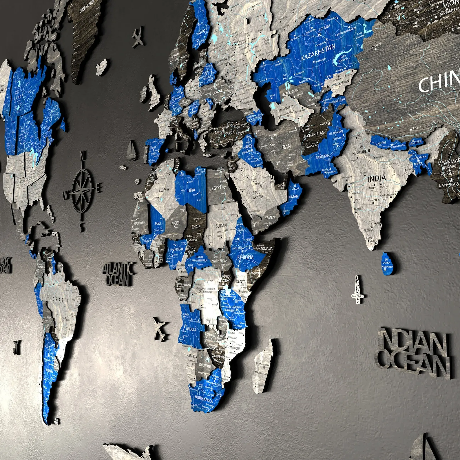 3D Wooden World Map: Azure Blue Travel Wall Decor with Push Pins