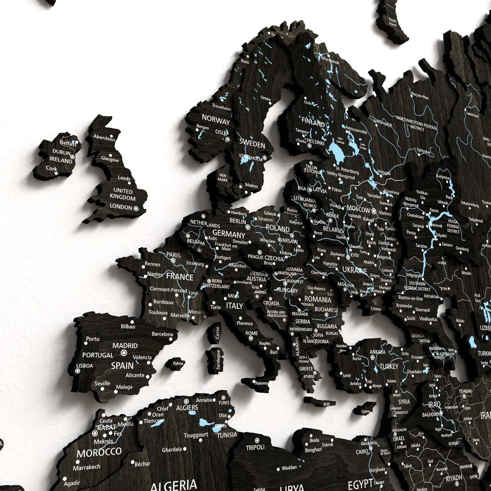 3D Wood World Map Wall Art: Ebony & Turquoise