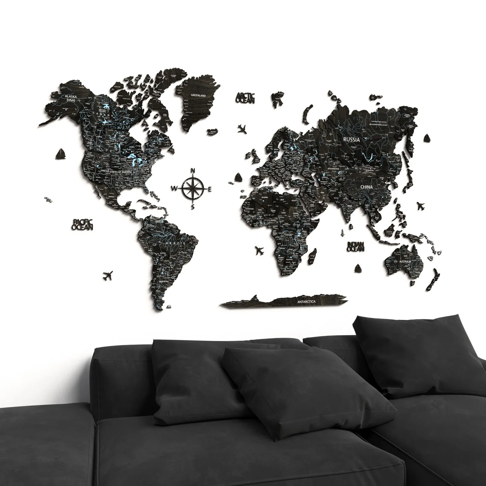 3D Wood World Map Wall Art: Ebony & Turquoise - Image 2