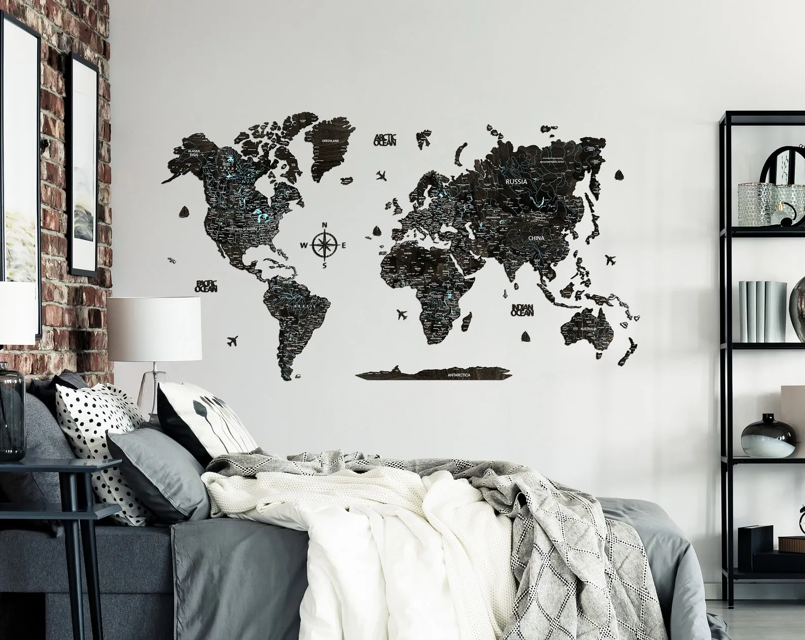 3D Wood World Map Wall Art: Ebony & Turquoise - Image 3