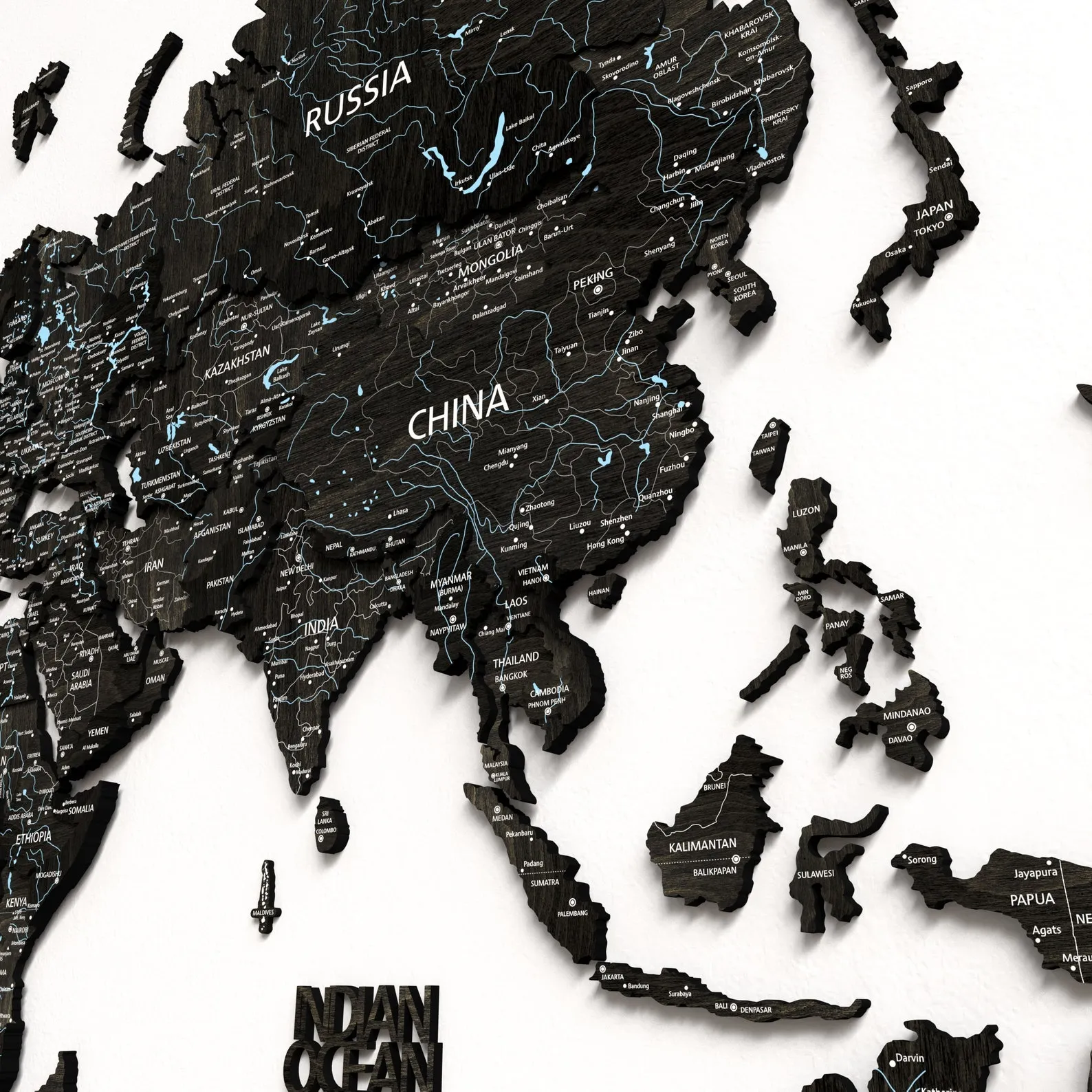 3D Wood World Map Wall Art: Ebony & Turquoise - Image 6