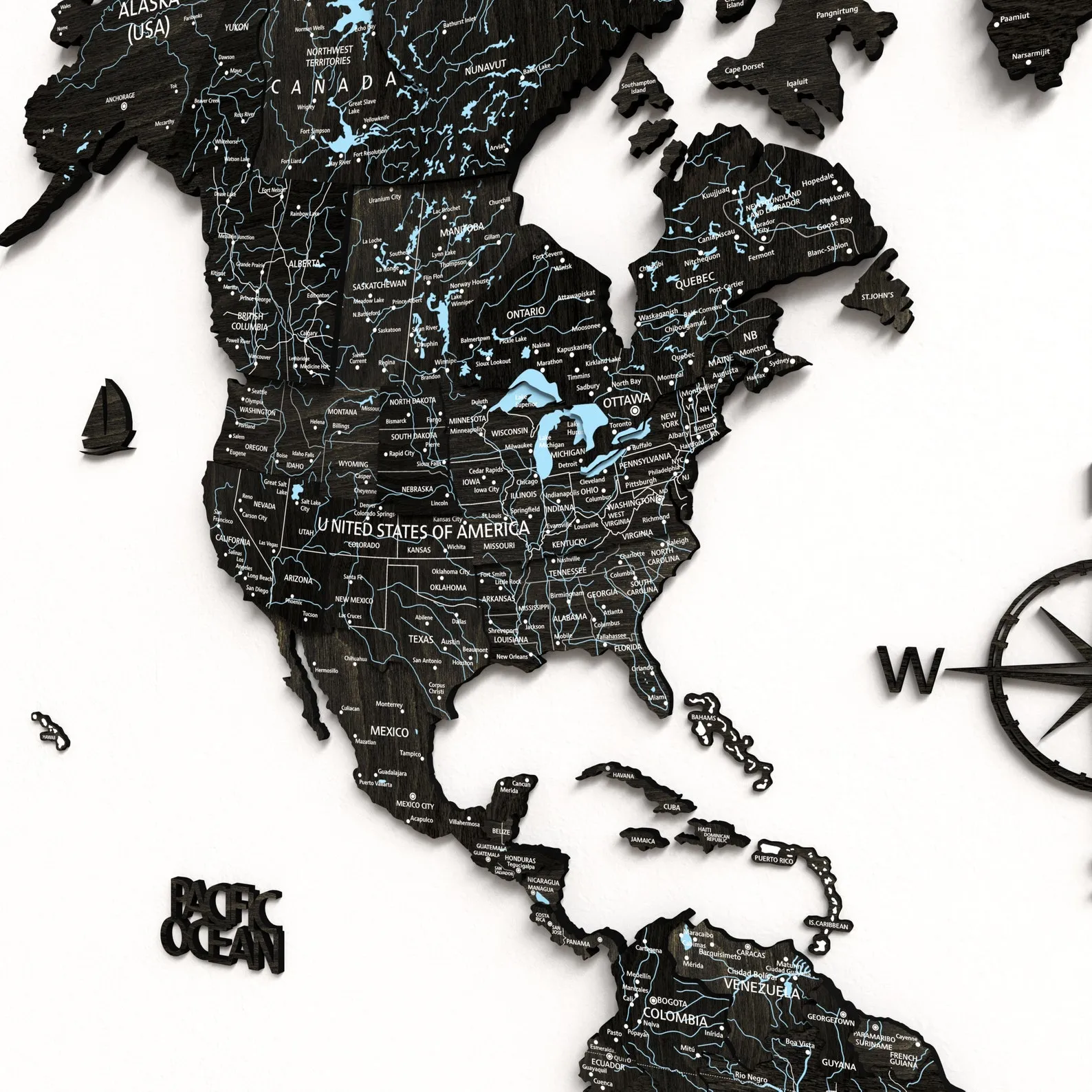 Black Wooden World Map Wall Decor: Large Birch Plywood Art