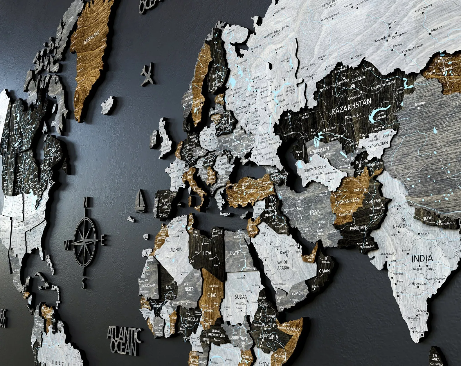 Wooden World Push Pin Map Wall Art, Large Wall Travel Map, 5th Anniversary Couples Travel Gift - Image 2