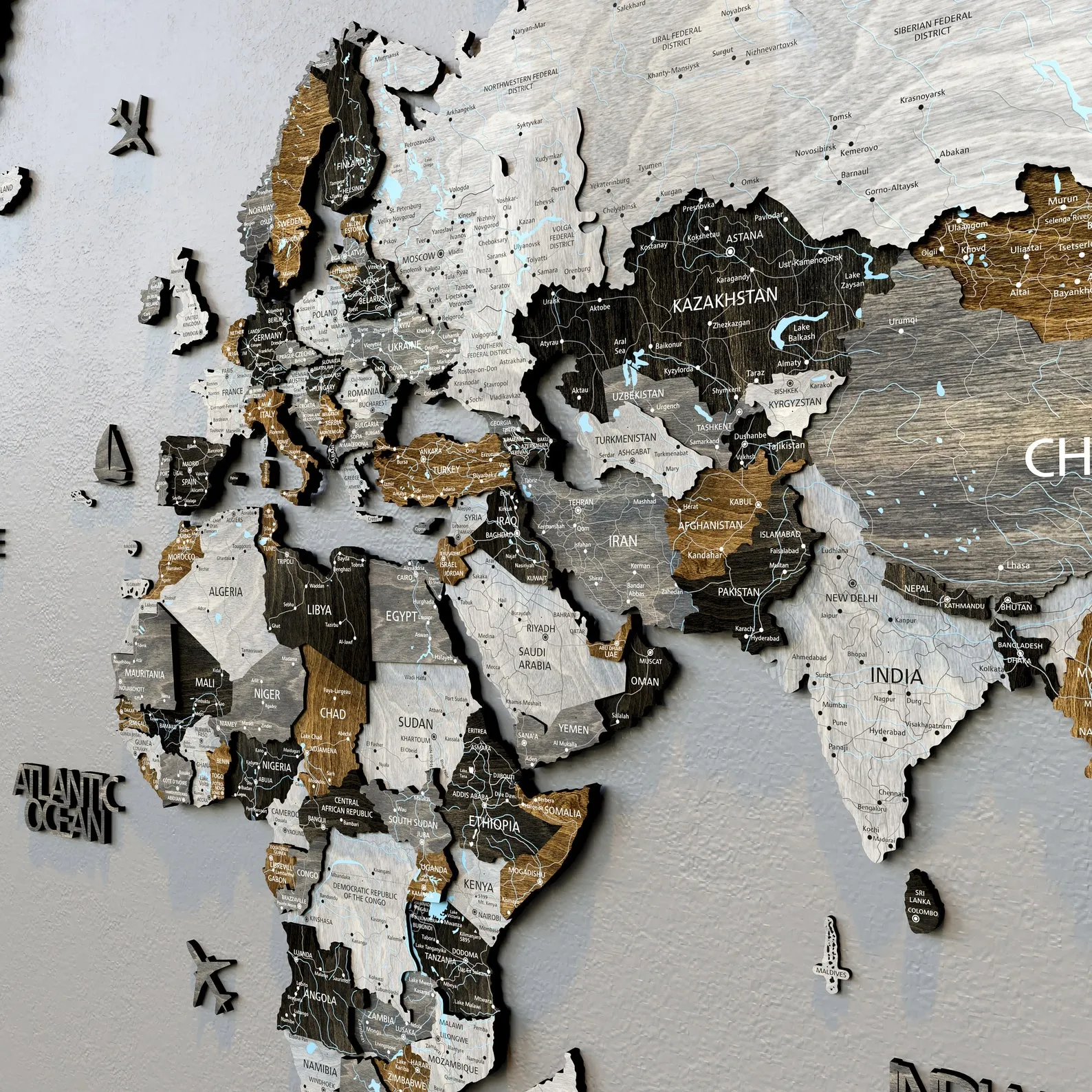 Wooden World Push Pin Map Wall Art, Large Wall Travel Map, 5th Anniversary Couples Travel Gift - Image 5