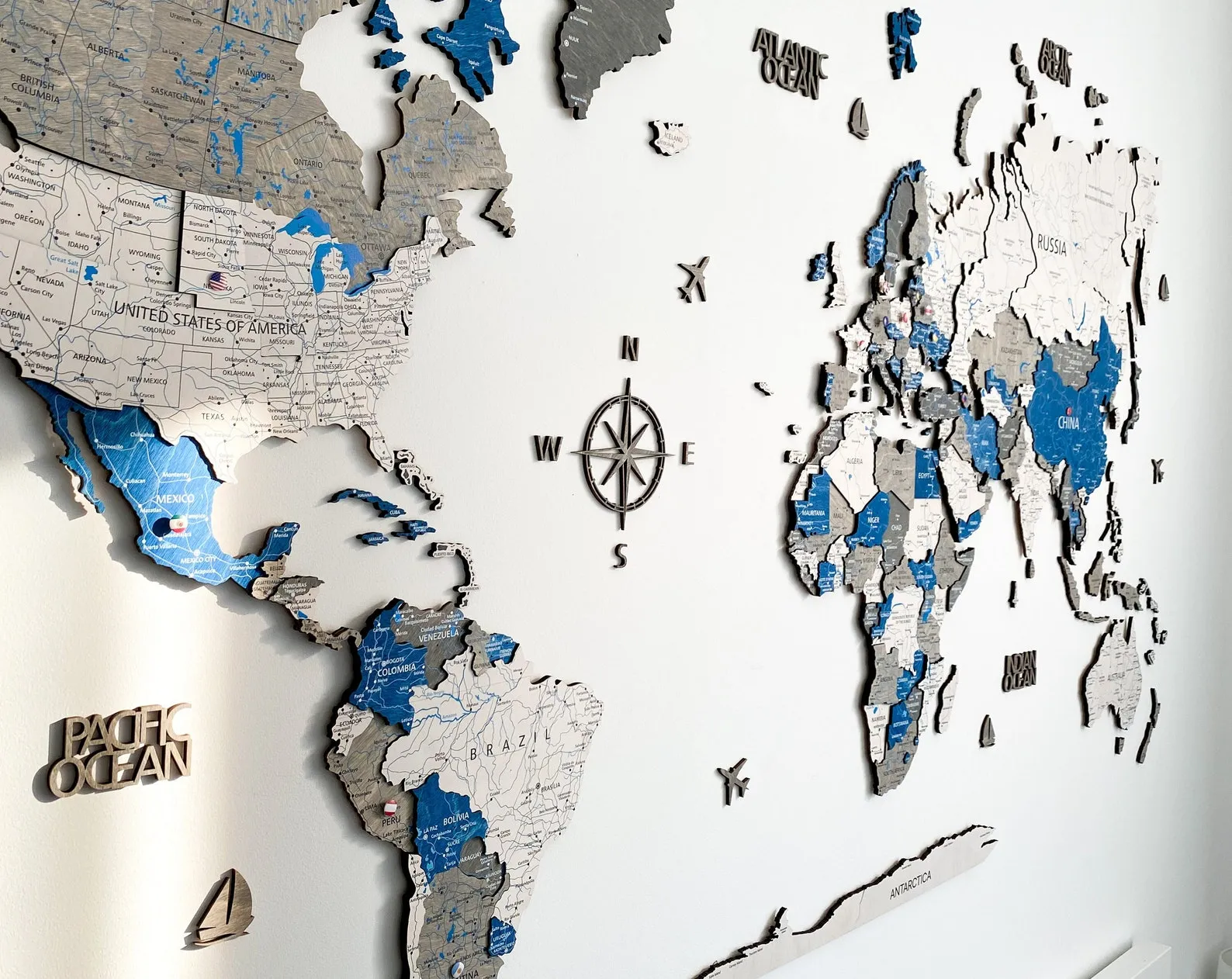 3D Blue Wooden World Map: Travel Story Wall Decor