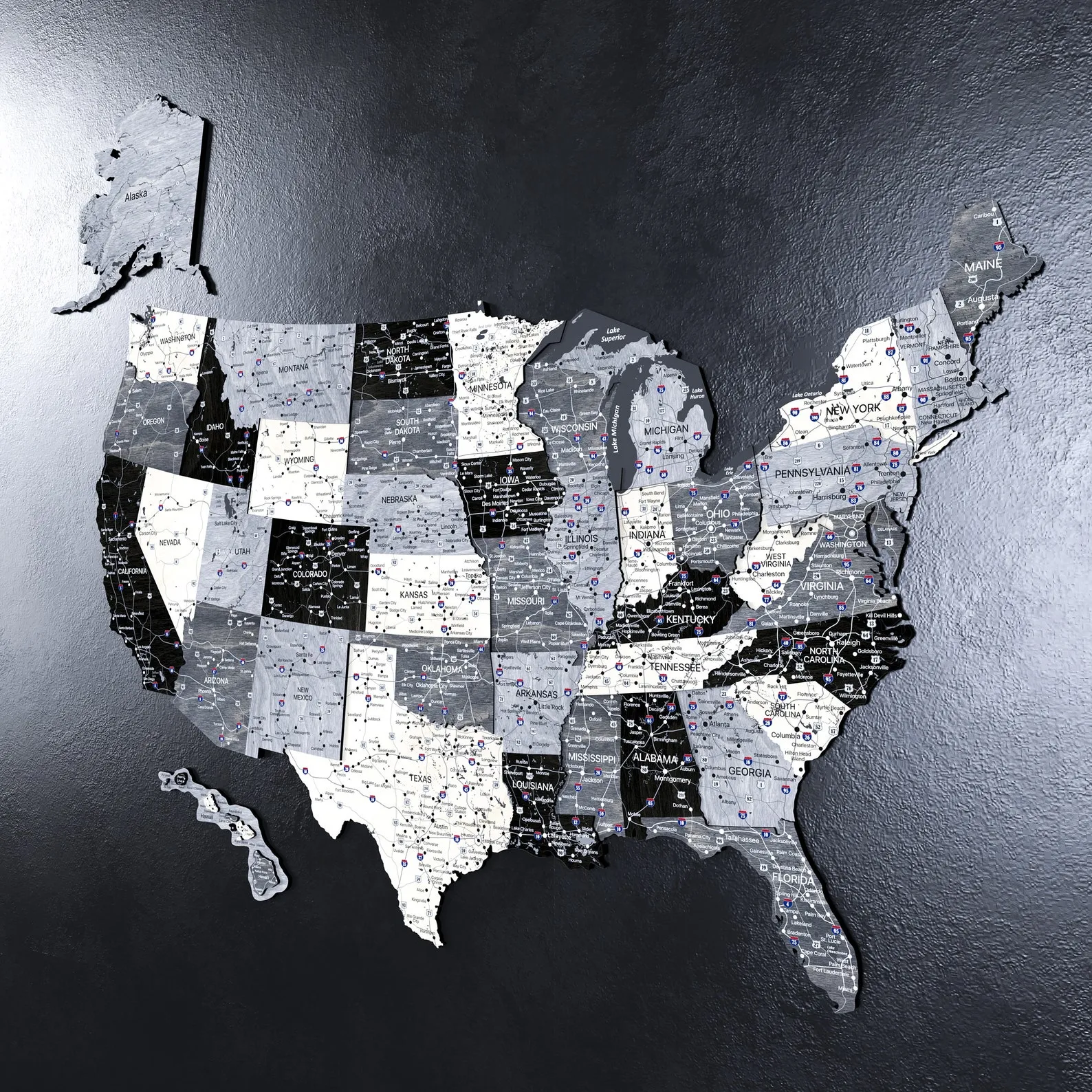 Monochrome USA Wooden Travel Map: Push Pin Wall Decor