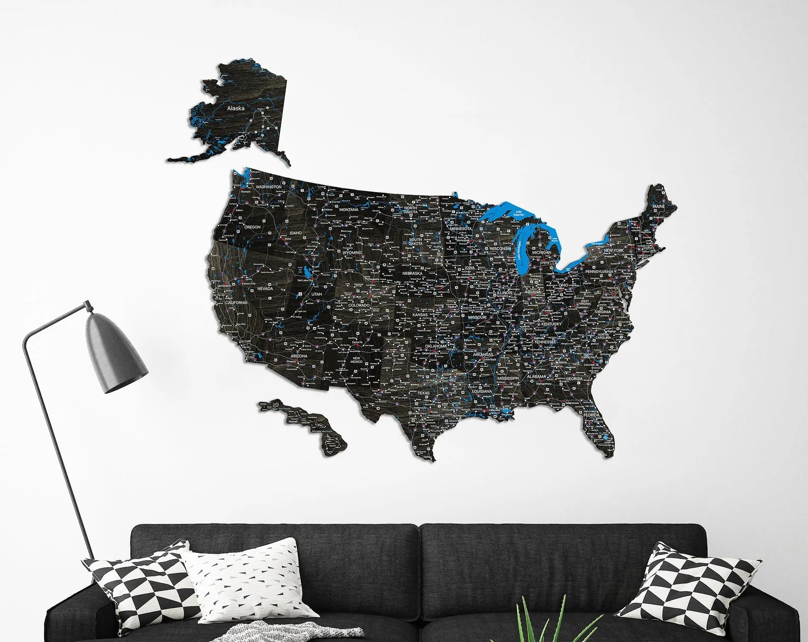 Black USA Wooden Map: Detailed Wall Hanging Decor