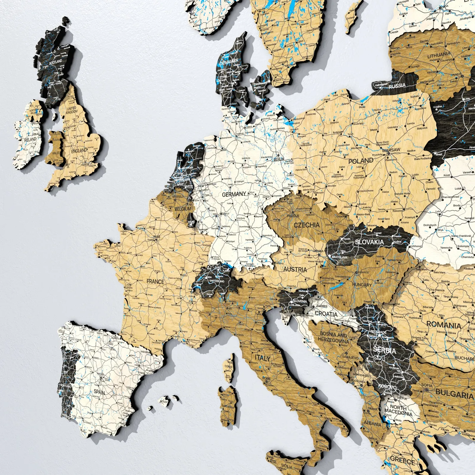 Birch Wood Europe Map: 3D Layered Wall Art