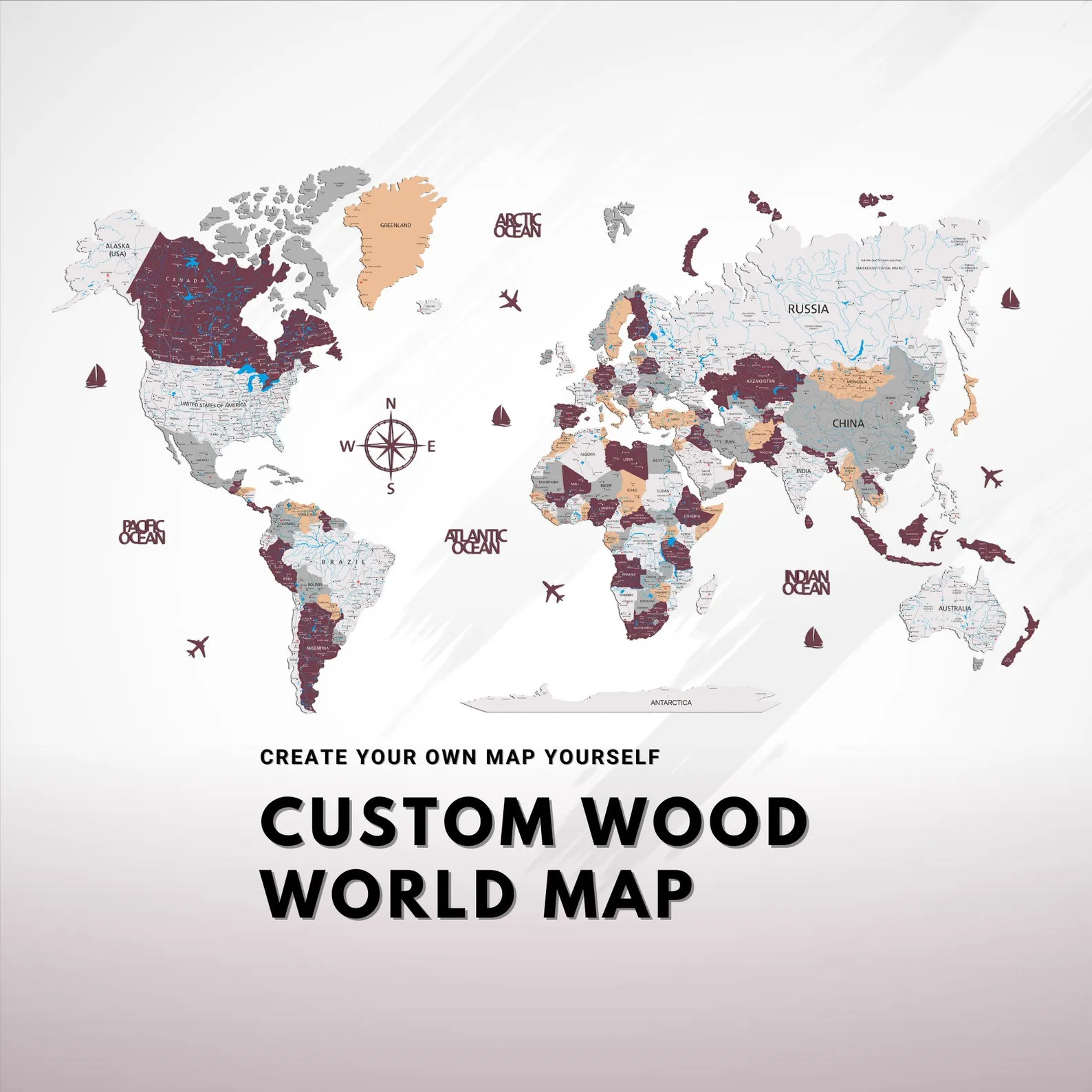Custom Wooden World Map: DIY Coloring, Home or Office Decor