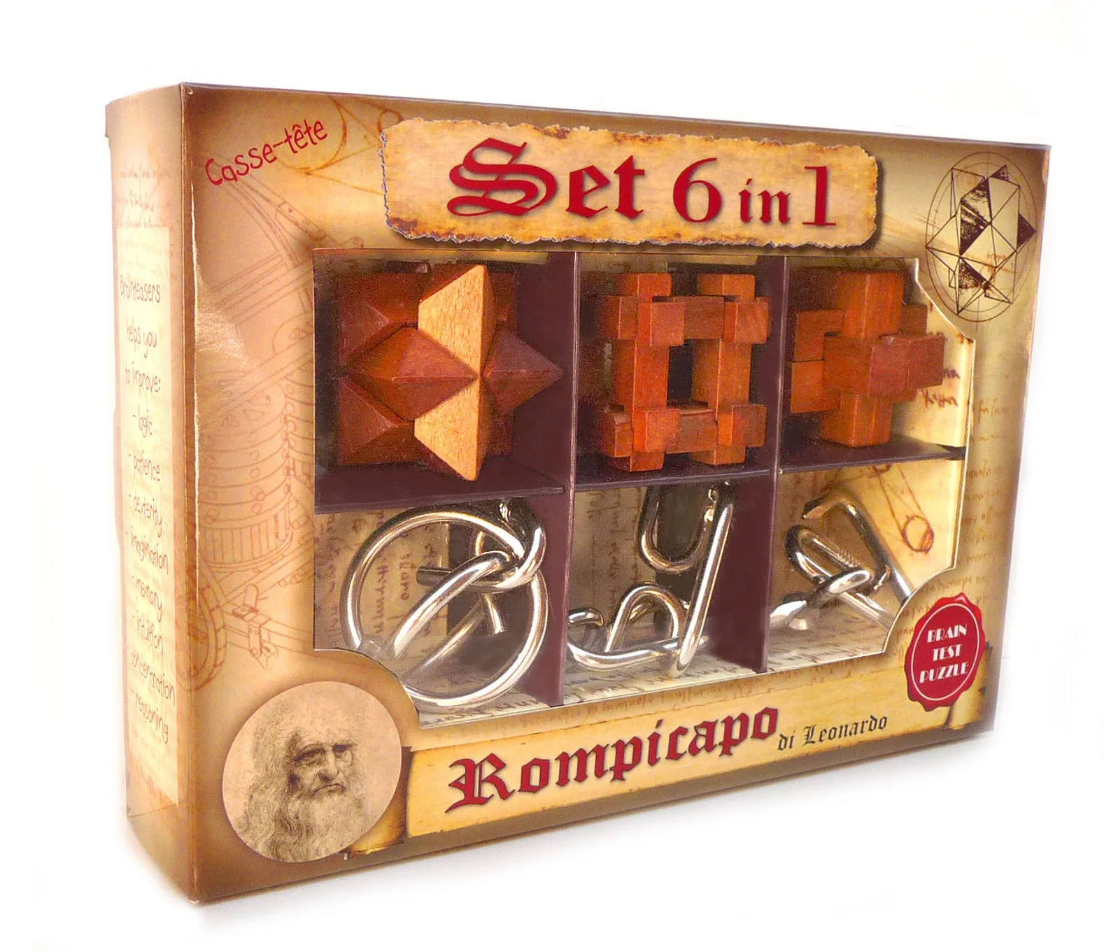 Set 6 in 1 Leonardo Puzzles - 3 Wooden + 3 Metal Puzzles - Mixed Difficulties - Brain Teasers Set - Leonardo da Vinci Collection